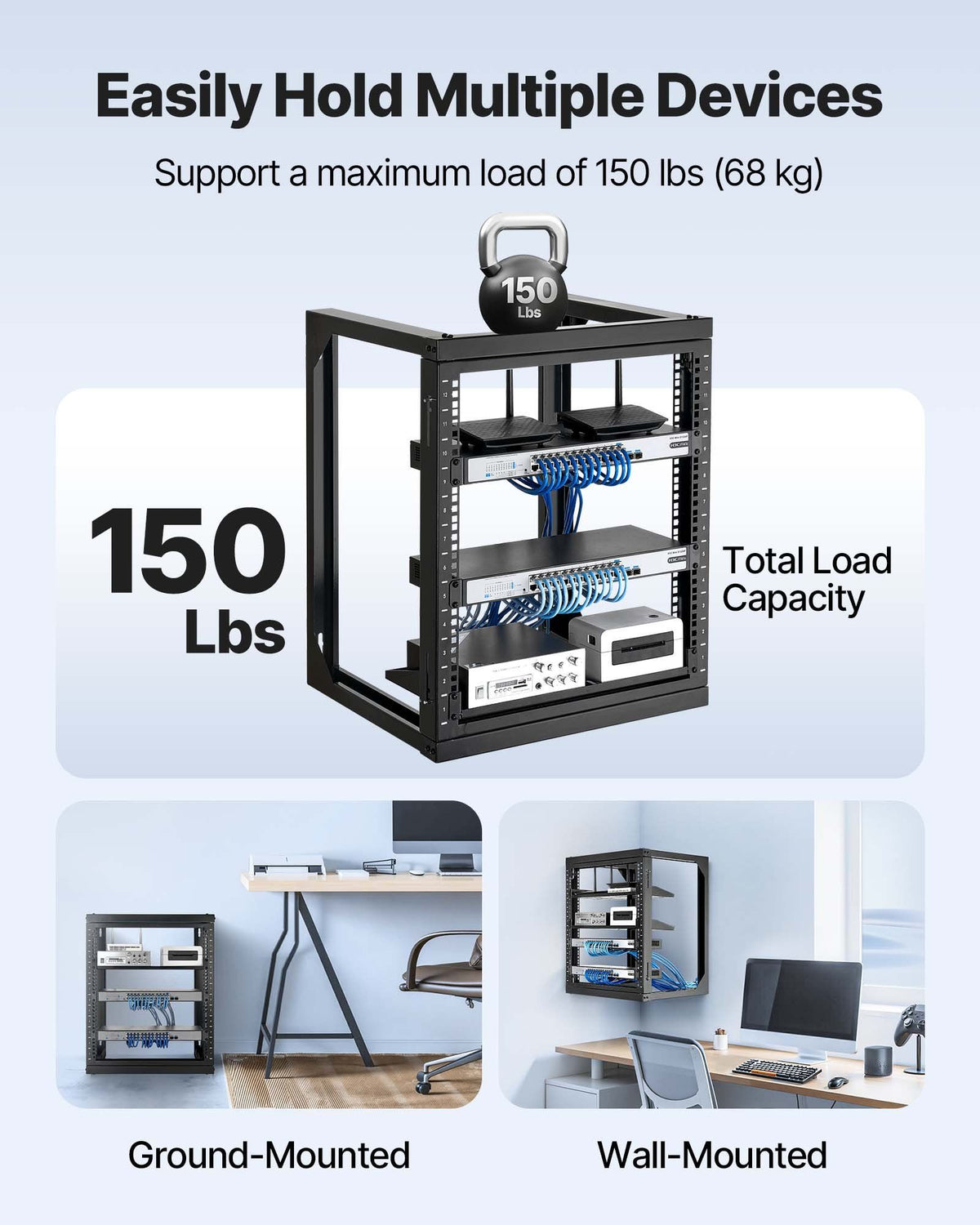 12U Wall Mount Server Rack, 68.04 kg Max Load Capacity, Open Frame Network Rack with 180 Degrees Gate Swing Door, Carbon Steel, Ideal for IT Network Equipment & AV Devices Computer Server, Black