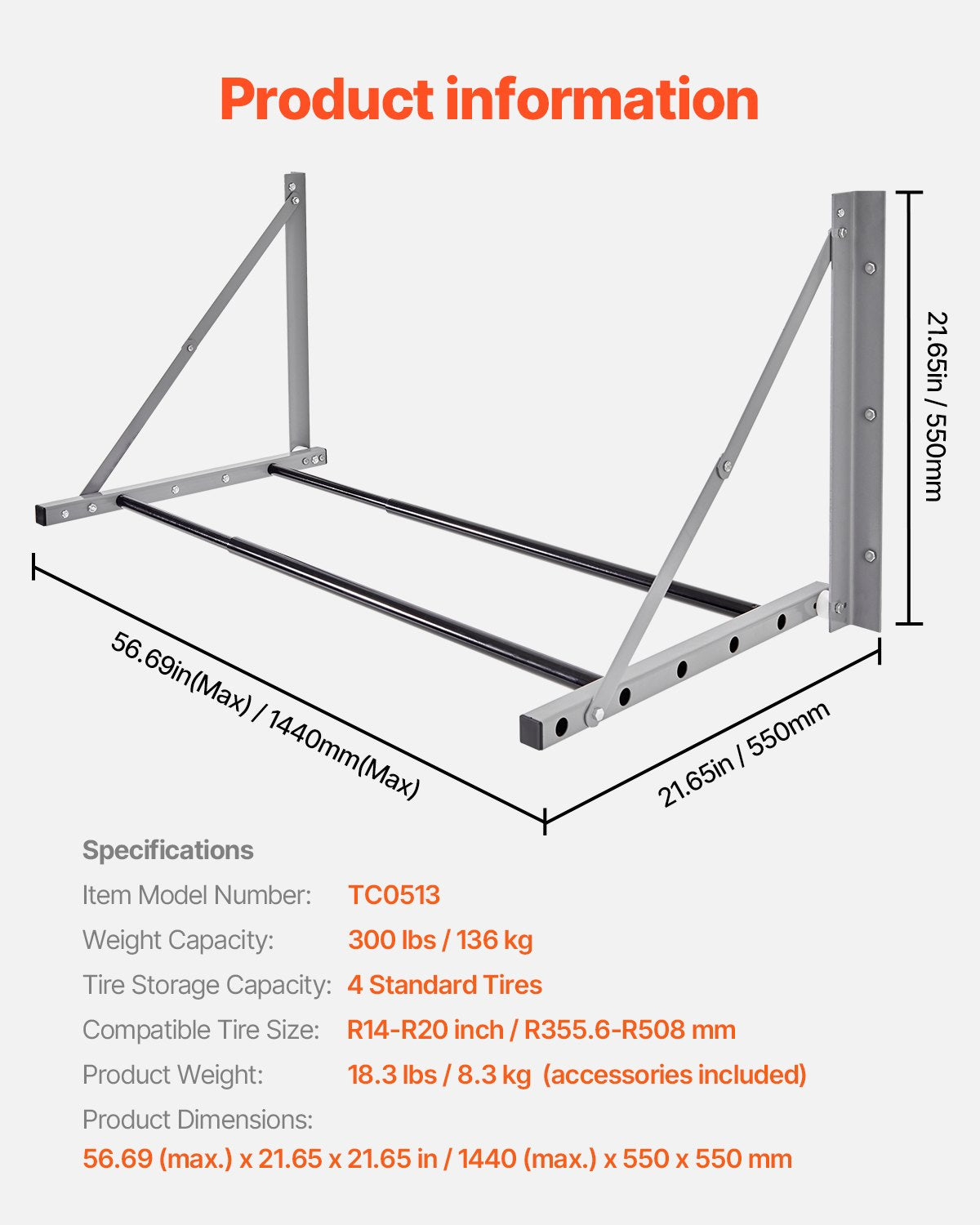 VEVOR Wall Mounted Folding Tire Rack, 32" - 48" Adjustable Tire Rack, Q235 Heavy-Duty Steel Tire Storage Rack for R14-R20 inch Standard Tires, Max 300lbs Load Capacity for Garage Workshop Repair Shop