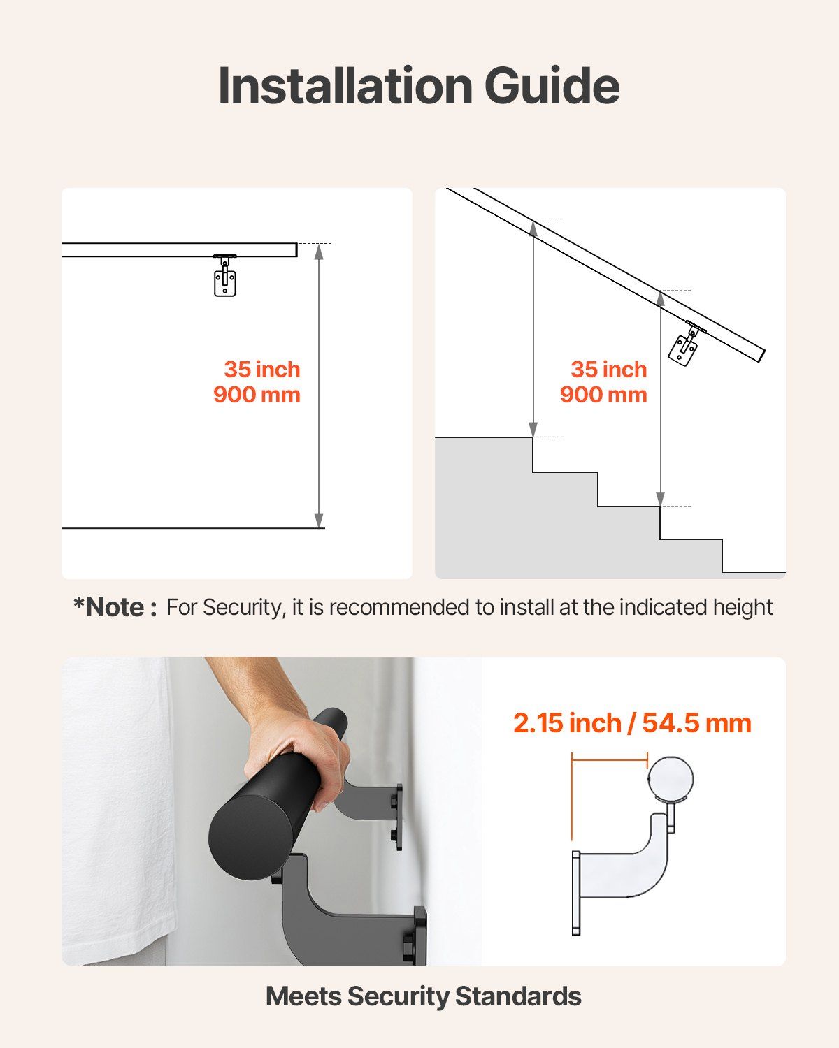 Wall Mounted Stair Handrail, 3665mm Pipe Staircase Handrail, Black Galvanized Aluminum, 32mm Pipe Diameter, Indoor&Outdoor Staircase Railing, Industrial Hand Rail for Steps, Security Baluster