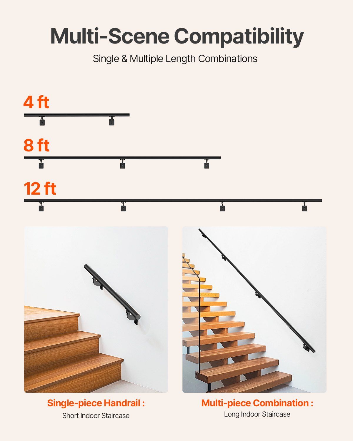 Wall Mounted Stair Handrail, 3665mm Pipe Staircase Handrail, Black Galvanized Aluminum, 32mm Pipe Diameter, Indoor&Outdoor Staircase Railing, Industrial Hand Rail for Steps, Security Baluster