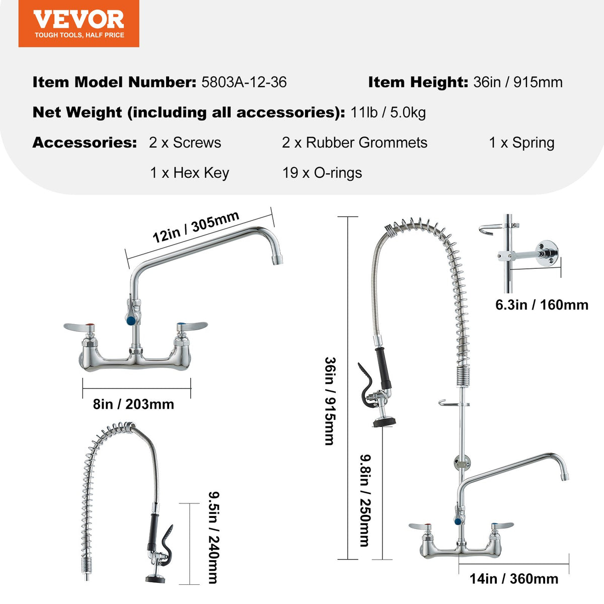 VEVOR Commercial Faucet with Pre-Rinse Sprayer, 36" Height, 8" Center, 12" Swing Spout, Wall Mount Kitchen Sink Faucet, Brass Constructed Device with Pull Down Spray, for 1/2/3 Compartment Sink