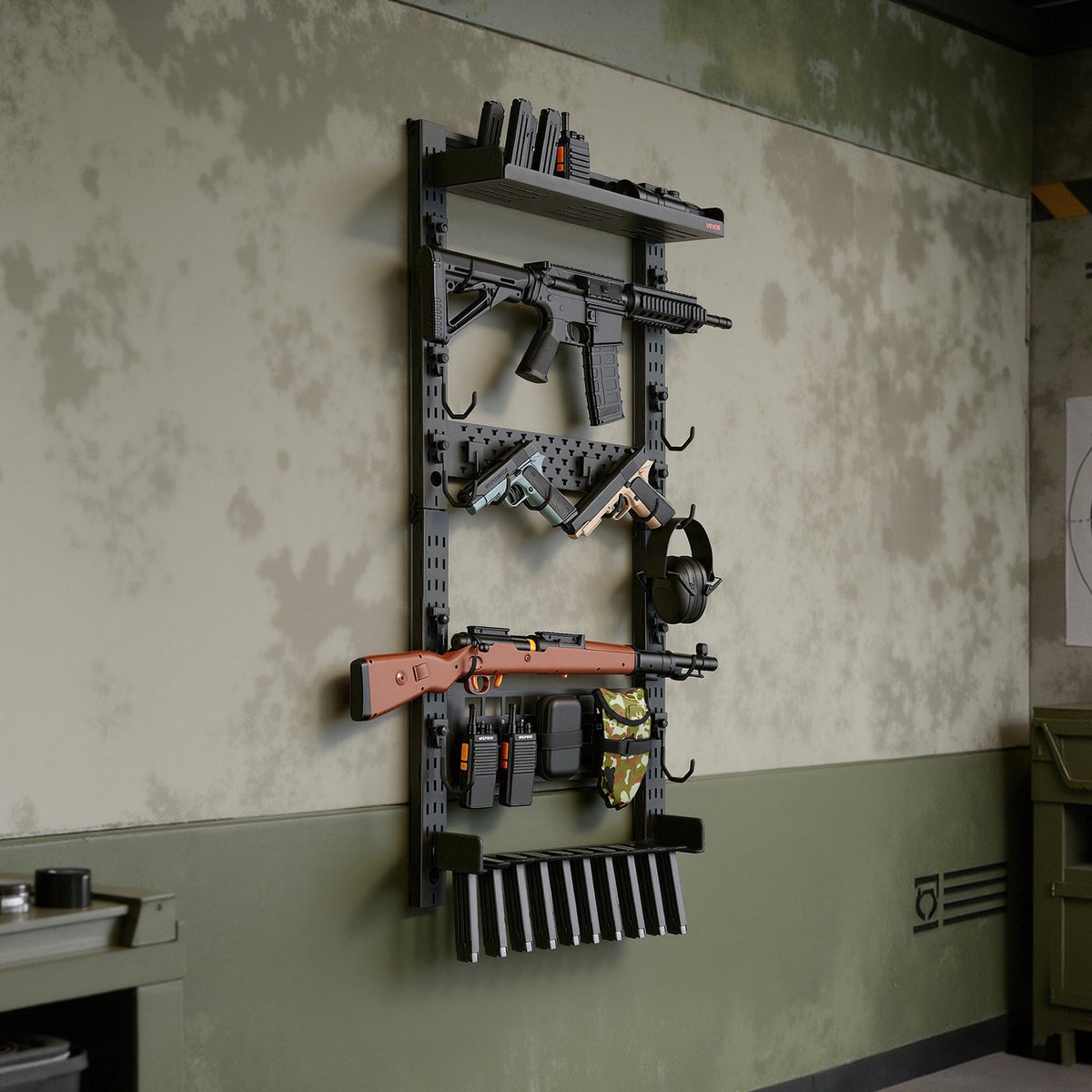 Gun Rack Wall Mount, Heavy Duty Steel, Indoor Rifle Shotgun Rack with Magazine Holder, MOLLE Panel, Gun Accessories Display Storage Holder, Hold Up to 5 Rifles or Shotguns, for Tactical Gear