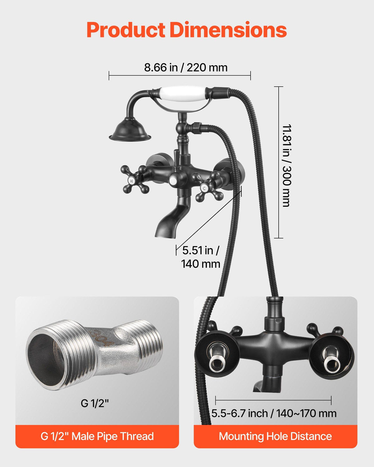 Clawfoot Tub Faucet, Wall Mount Bathtub Faucets with Handheld Shower, Vintage Oil-Rubbed Bronze Clawfoot Tub Filler Faucet Shower Kit with Adjustable Swing Arms & 360° Rotation Spout for Bathtubs