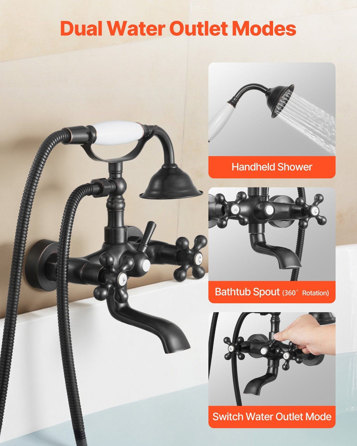 Clawfoot Tub Faucet, Wall Mount Bathtub Faucets with Handheld Shower, Vintage Oil-Rubbed Bronze Clawfoot Tub Filler Faucet Shower Kit with Adjustable Swing Arms & 360° Rotation Spout for Bathtubs