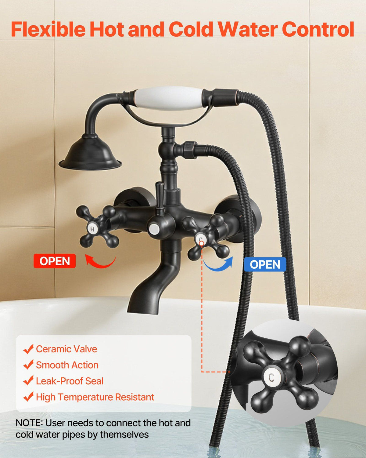Clawfoot Tub Faucet, Wall Mount Bathtub Faucets with Handheld Shower, Vintage Oil-Rubbed Bronze Clawfoot Tub Filler Faucet Shower Kit with Adjustable Swing Arms & 360° Rotation Spout for Bathtubs