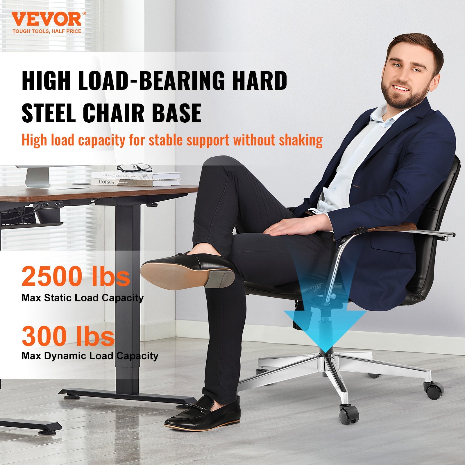 VEVOR Office Chair Base Replacement, 710 mm 1134 kg Static Load Capacity, Heavy Duty Universal Computer Desk Chair Stool Base Part with Reinforced Metal Legs, Desk Chair Base Replacement Parts, Silver