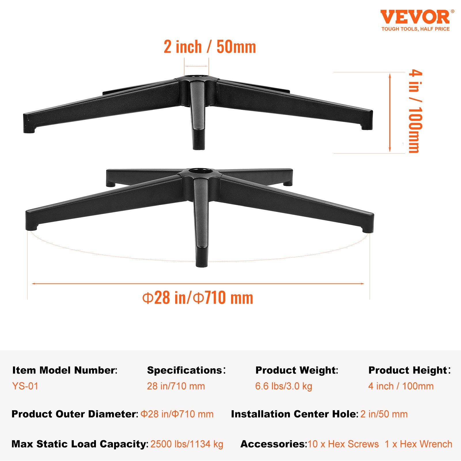 VEVOR Office Chair Base Replacement, 710 mm, 1134 kg Static Load Capacity, Heavy Duty Universal Computer Desk Chair Stool Base Part with Reinforced Metal Legs, Desk Chair Base Replacement Parts, Black