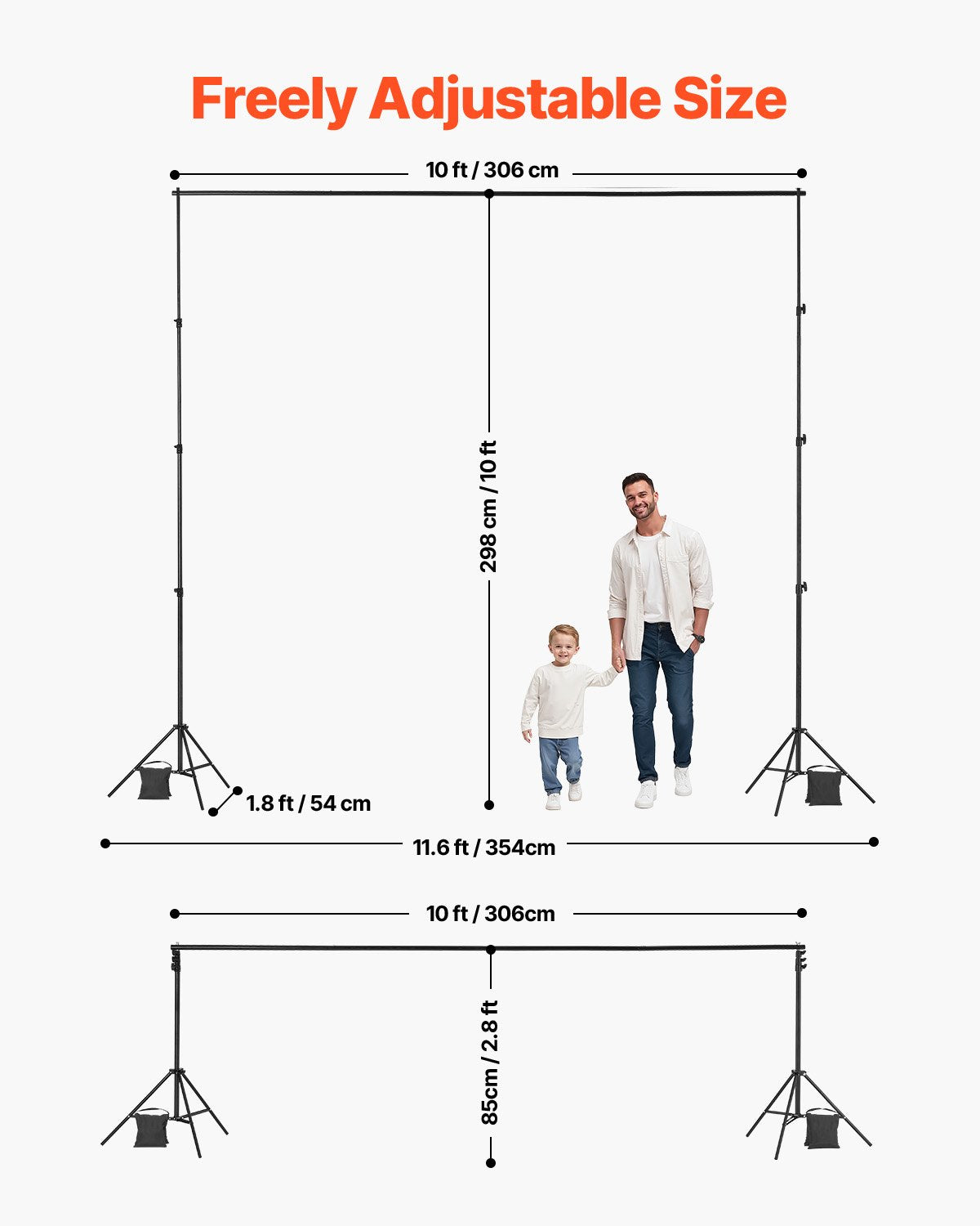 VEVOR Backdrop Stand, 298 x 300 cm Adjustable Photo Backdrop Stand Kit, Portable Background Backdrop Stand with 4 Crossbars, Heavy Duty Projector Screen Stand, for Wedding, Photo Video Studio & Party