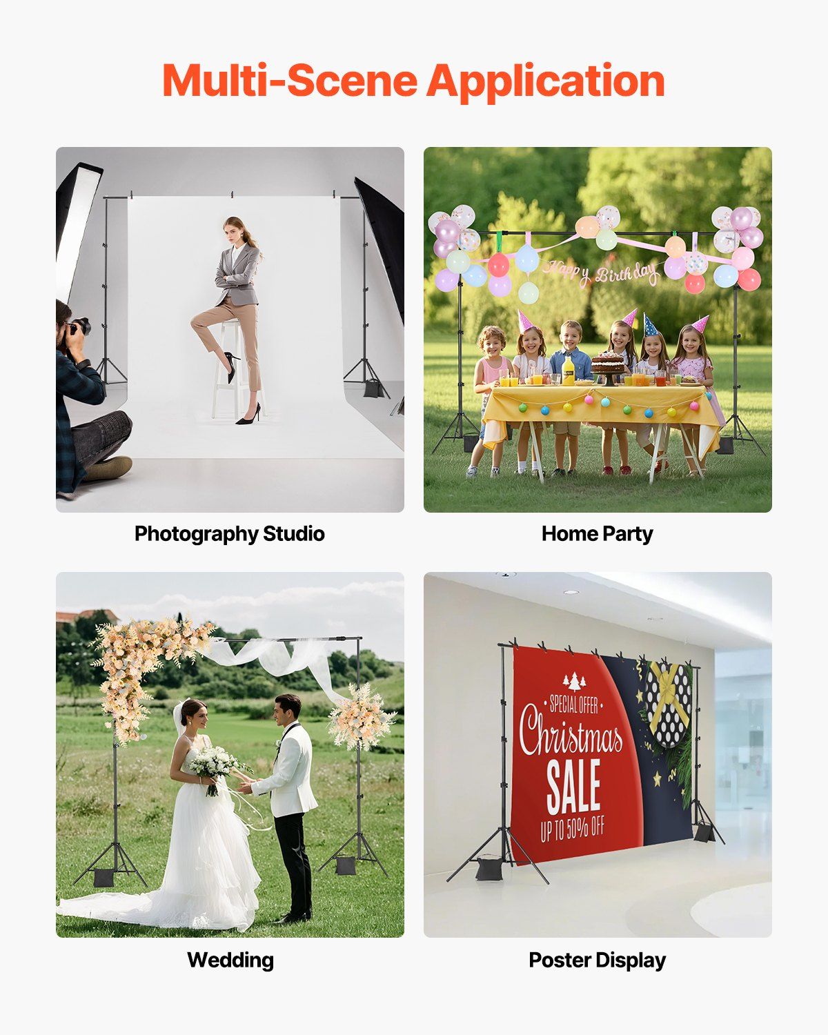 Backdrop Stand, 213 x 300 cm Adjustable Photo Backdrop Stand Kit, Portable Background Backdrop Stand with 3 Crossbars, Heavy Duty Projector Screen Stand, for Wedding, Photo Video Studio & Party