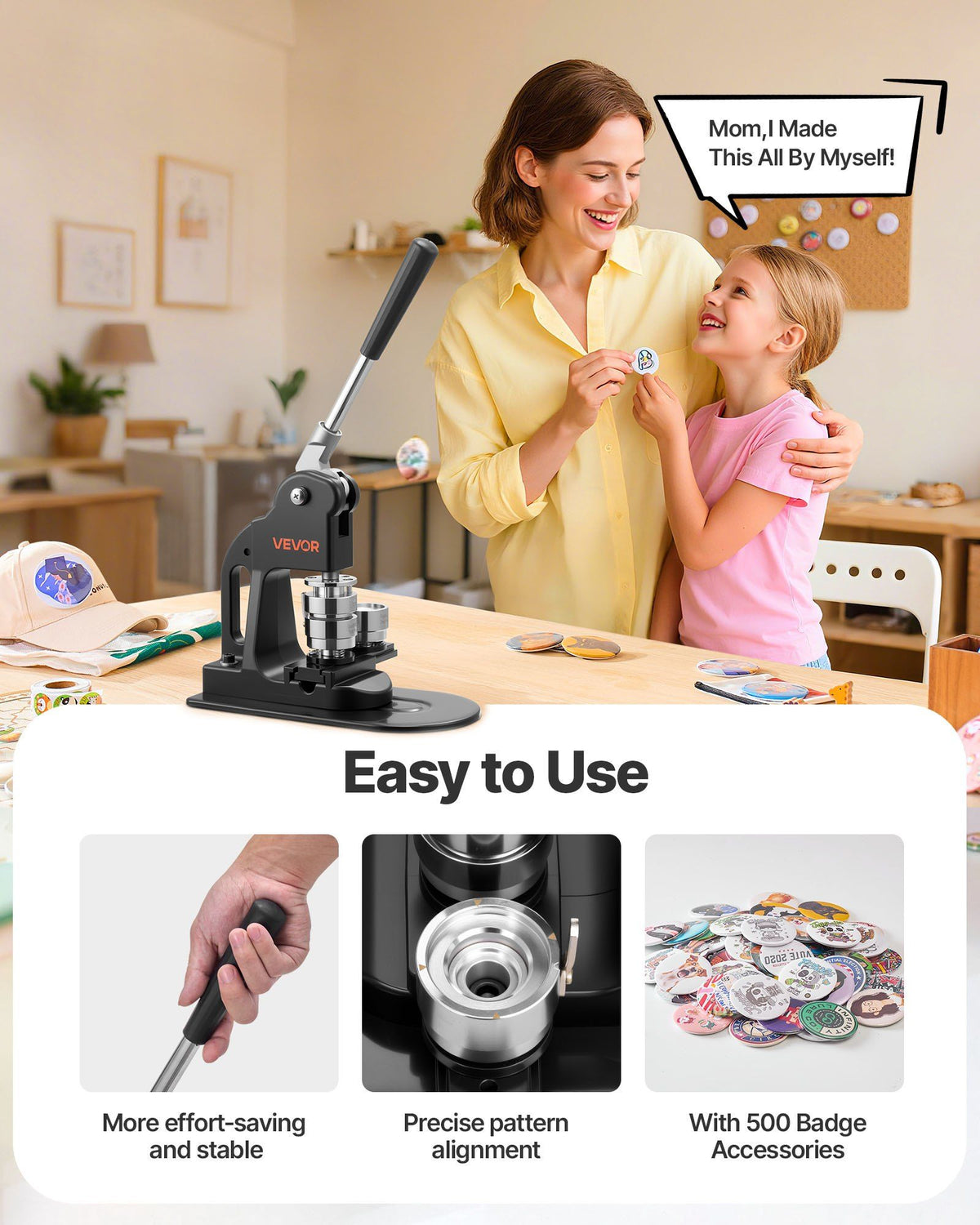 Button Maker Machine, 32 mm, Pin Maker Machine with 500pcs Button Parts, Circle Cutter, Hex Wrenches and Magic Book, Ergonomic Handle, for DIY Badges, Personalized Pins and Key Chains, Black