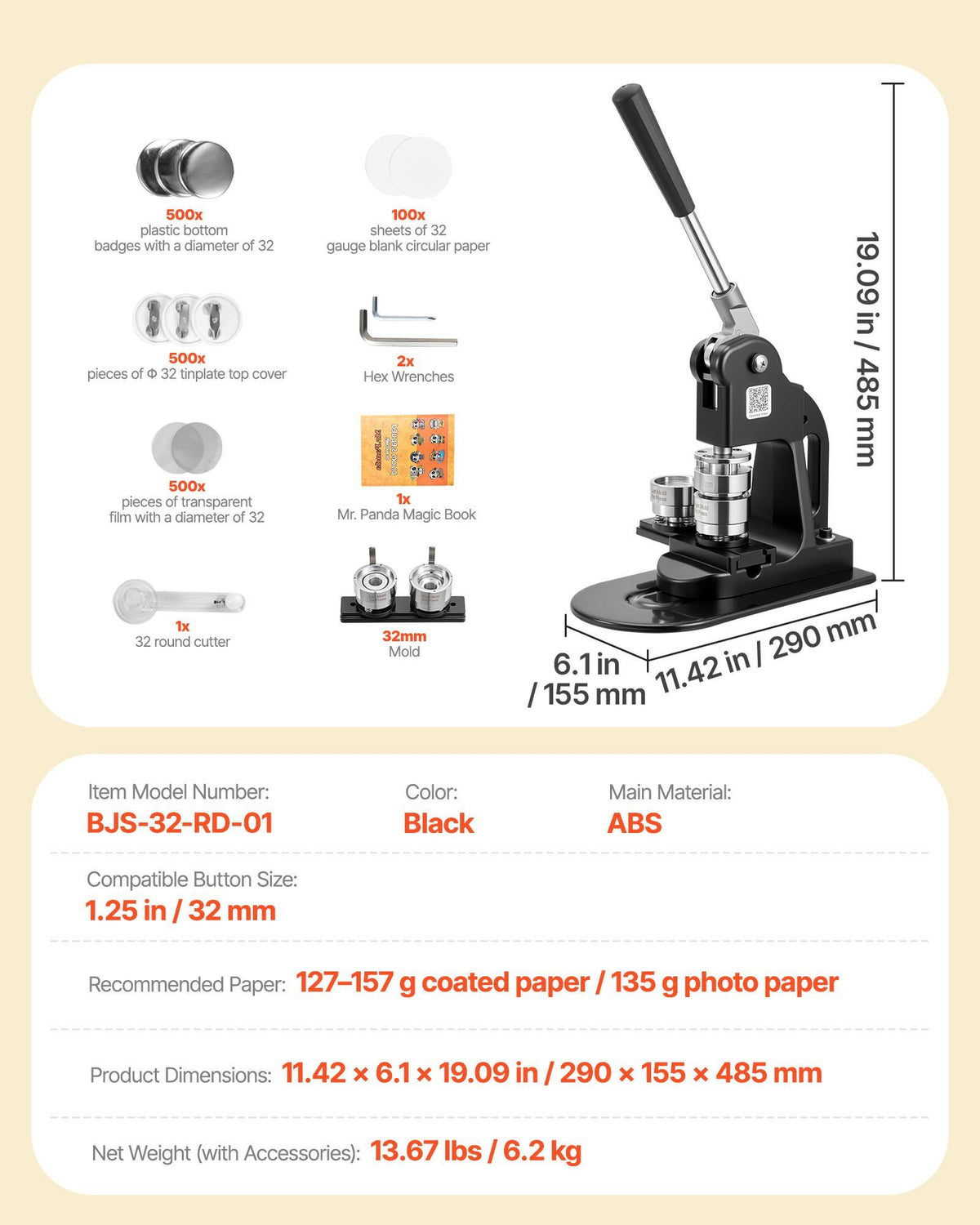 Button Maker Machine, 32 mm, Pin Maker Machine with 500pcs Button Parts, Circle Cutter, Hex Wrenches and Magic Book, Ergonomic Handle, for DIY Badges, Personalized Pins and Key Chains, Black