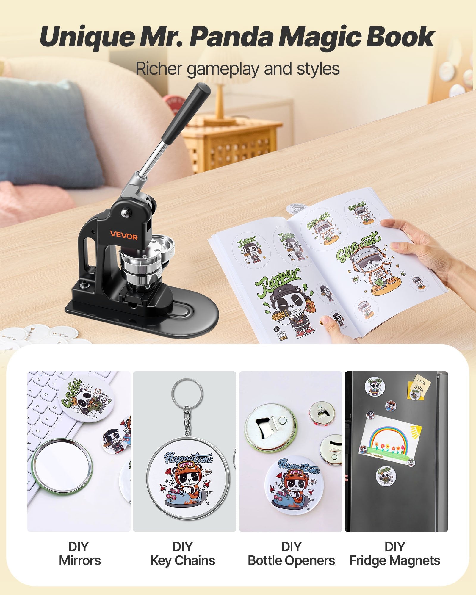 VEVOR Button Maker Machine, 58 mm, Pin Maker Machine with 500pcs Button Parts, Circle Cutter, Hex Wrenches and Magic Book, Ergonomic Handle, for DIY Badges, Personalized Pins and Key Chains, Black