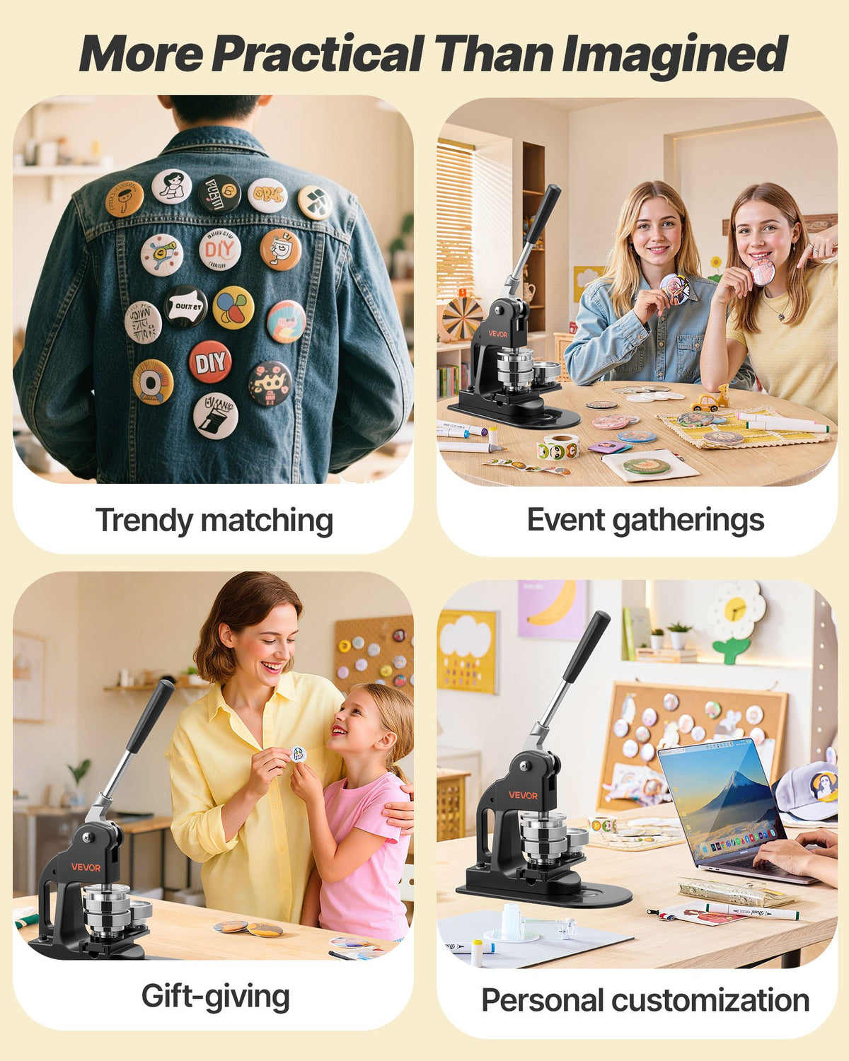 VEVOR Button Maker Machine, 58 mm, Pin Maker Machine with 500pcs Button Parts, Circle Cutter, Hex Wrenches and Magic Book, Ergonomic Handle, for DIY Badges, Personalized Pins and Key Chains, Black