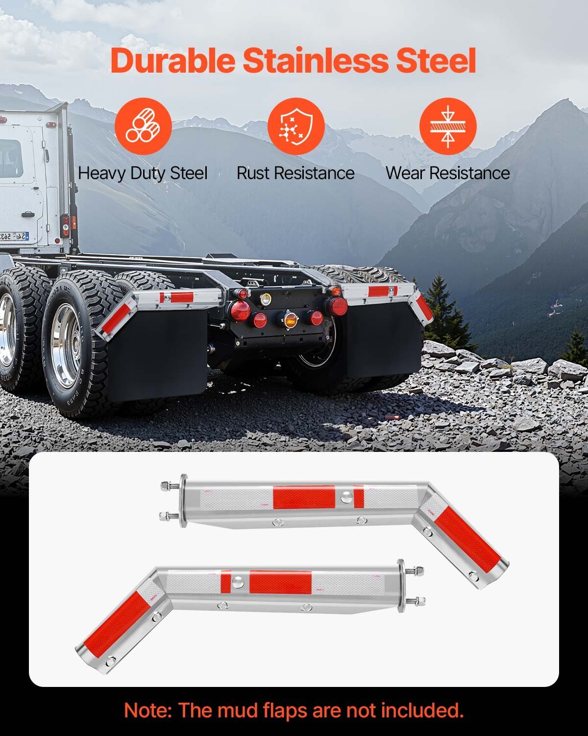 Stainless Steel Angled Spring Loaded Mud Flap Hangers, 2-1/2" (63.5mm) Bolt Spacing Mudflap Hangers for Semi Trucks, 1 Pair Heavy Duty Semi Truck Mud Flap Hanger Set with Reflective Strips, Silver