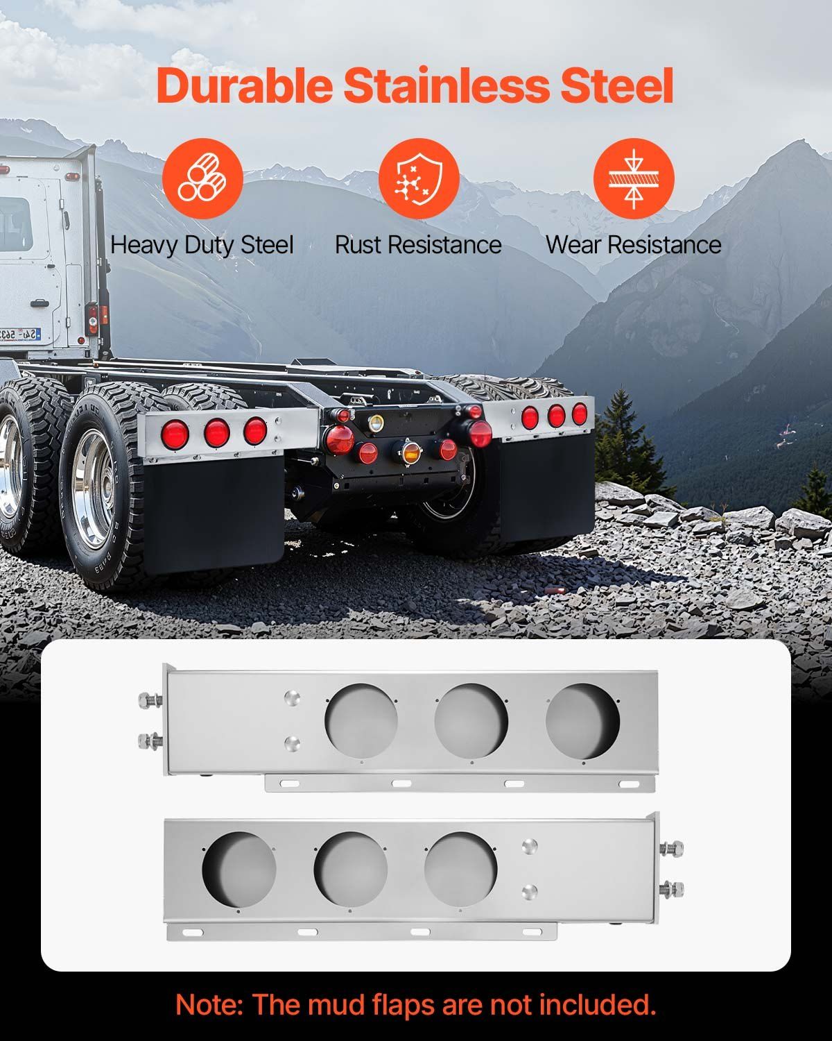 Stainless Steel Mud Flap Hangers with Light Cutouts, 2-1/2" (63.5mm) Bolt Spacing, Spring Loaded Mudflap Hangers for Semi Trucks, 1 Pair Heavy Duty Semi Truck Mud Flap Hanger Set, Silver