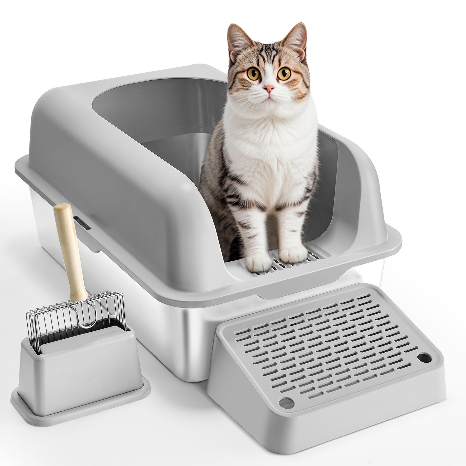 VEVOR Cat Litter Box, 152 mm Deep, XL Extra Large Stainless Steel Cat Litter Box with Scoop, Wide Filtering Foot Board & High Sides, Enclosed Odor-Free Easy-to-Clean Litter Box, Fit for Big Cats