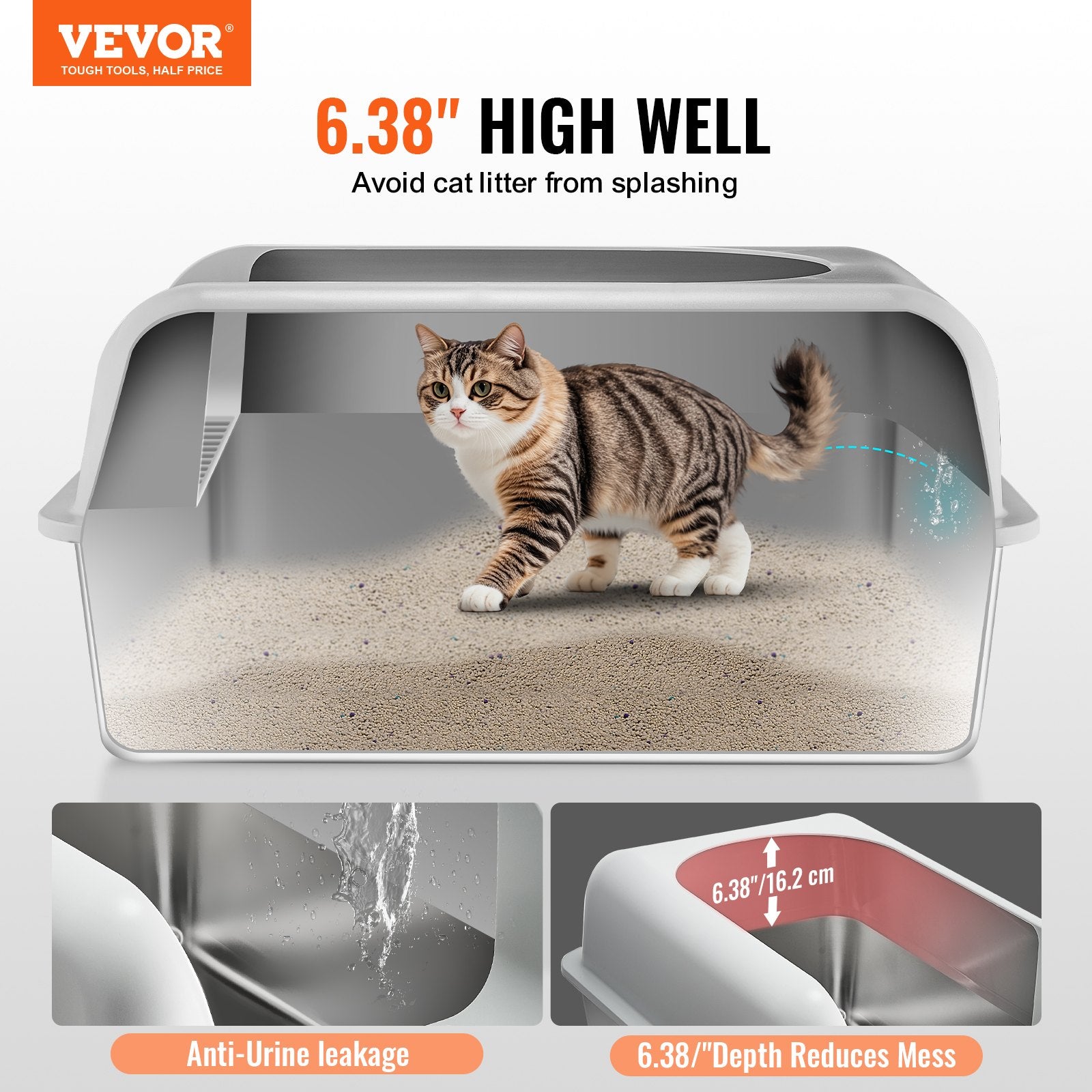 VEVOR Cat Litter Box, 152 mm Deep, XL Extra Large Stainless Steel Cat Litter Box with Scoop, Wide Filtering Foot Board & High Sides, Enclosed Odor-Free Easy-to-Clean Litter Box, Fit for Big Cats