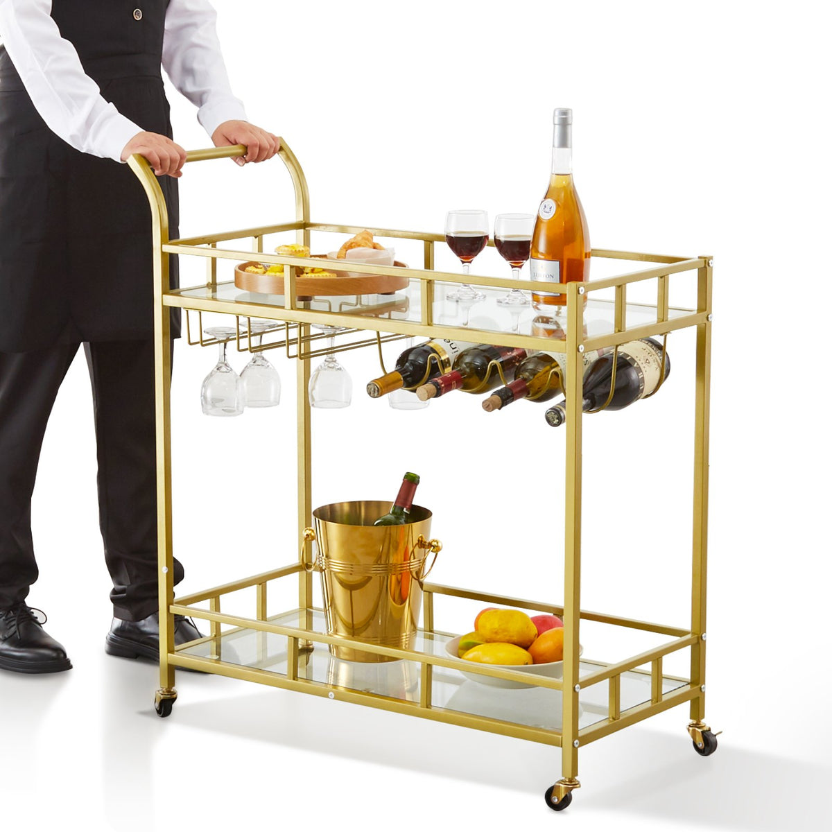 VEVOR 2 Tiers Gold Metal Bar Serving Cart with Wine Rack Glass Holder 120 LBS
