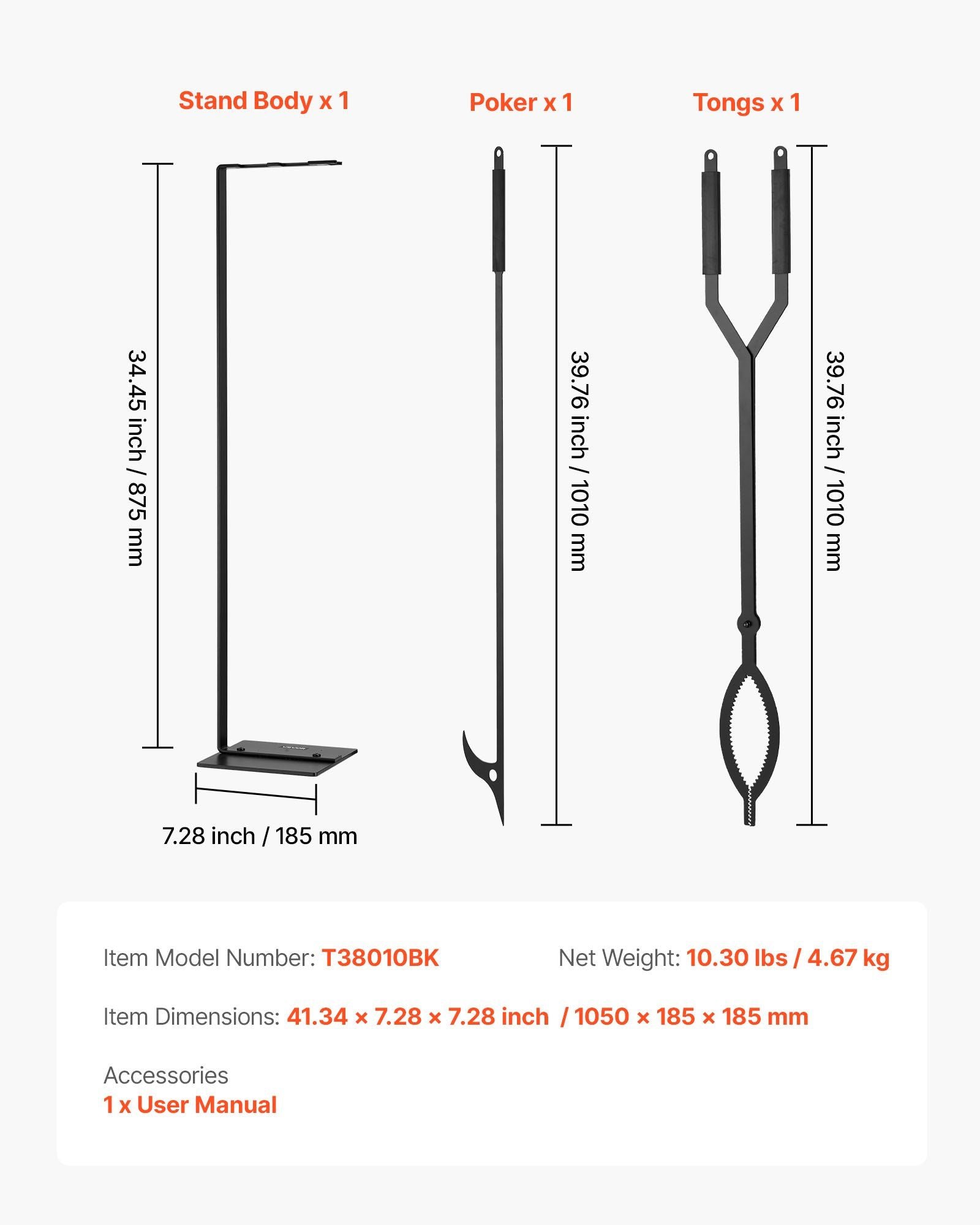 Fireplace Tool Set, 3 PCS Fire Tool Set and Holder with Stand, Tongs, Fire Place Poker, Wrought Iron Fireplace Accessories for Campfire Backyard Bonfire Indoor/Outdoor, Black