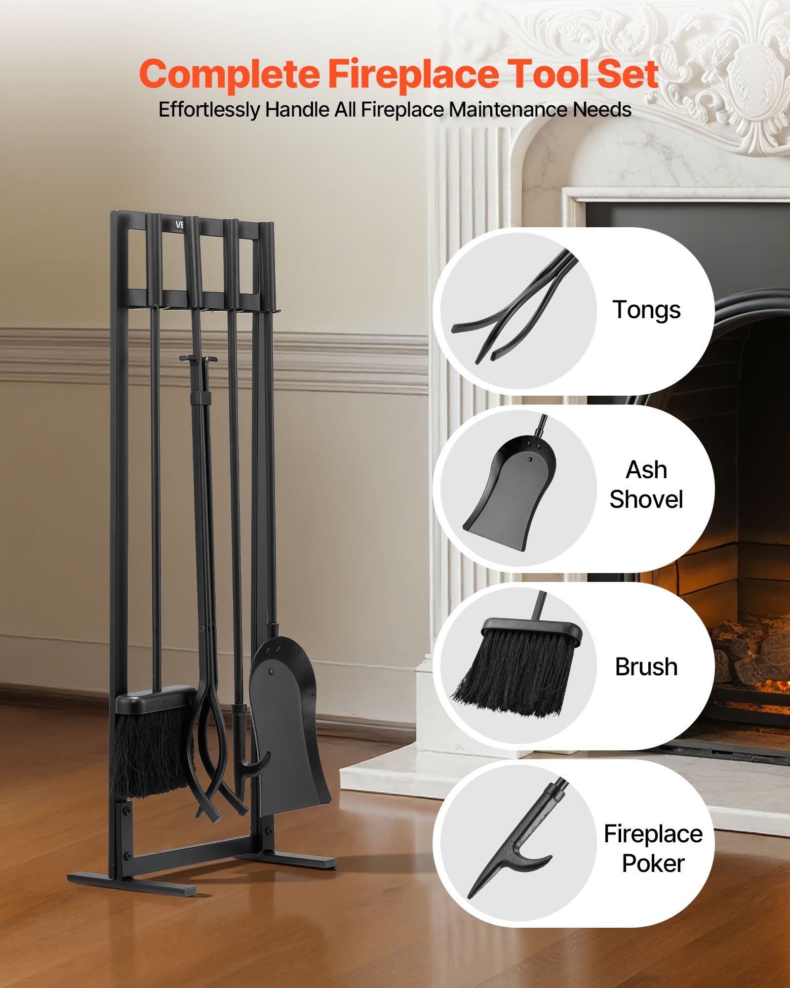 Fireplace Tool Set, 5 PCS Fire Tool Set and Holder with Square-Frame Stand, Tongs, Ash Shovel, Brush, Fire Place Poker, Wrought Iron Steel Fireplace Accessories for Indoor/Outdoor, Black