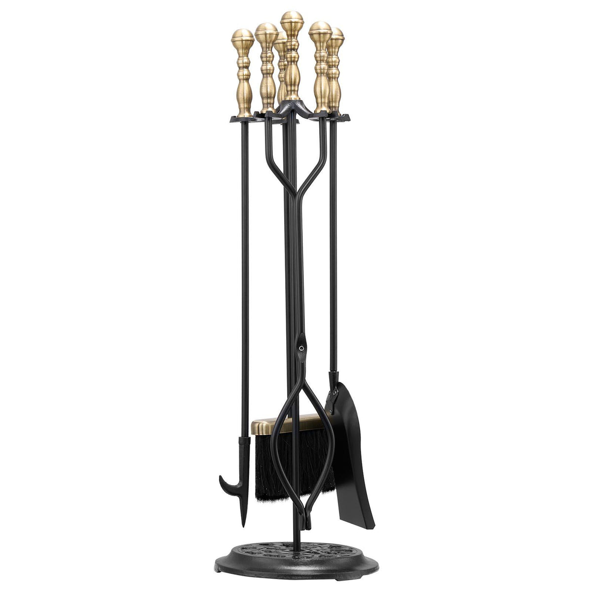 Fireplace Tool Set, 5 PCS Fire Tool Set and Holder with Five-Prong Stand, Tongs, Ash Shovel, Brush, Fire Place Poker, Wrought Iron Fireplace Accessories for Indoor/Outdoor, Black &amp; Brass
