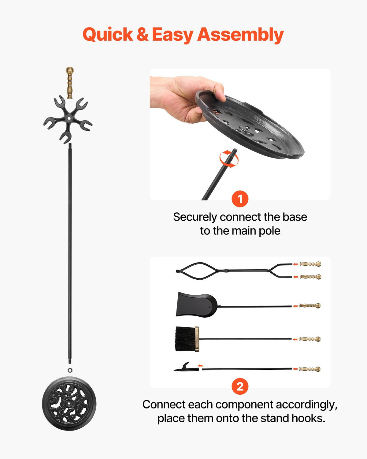 Fireplace Tool Set, 5 PCS Fire Tool Set and Holder with Five-Prong Stand, Tongs, Ash Shovel, Brush, Fire Place Poker, Wrought Iron Fireplace Accessories for Indoor/Outdoor, Black & Brass