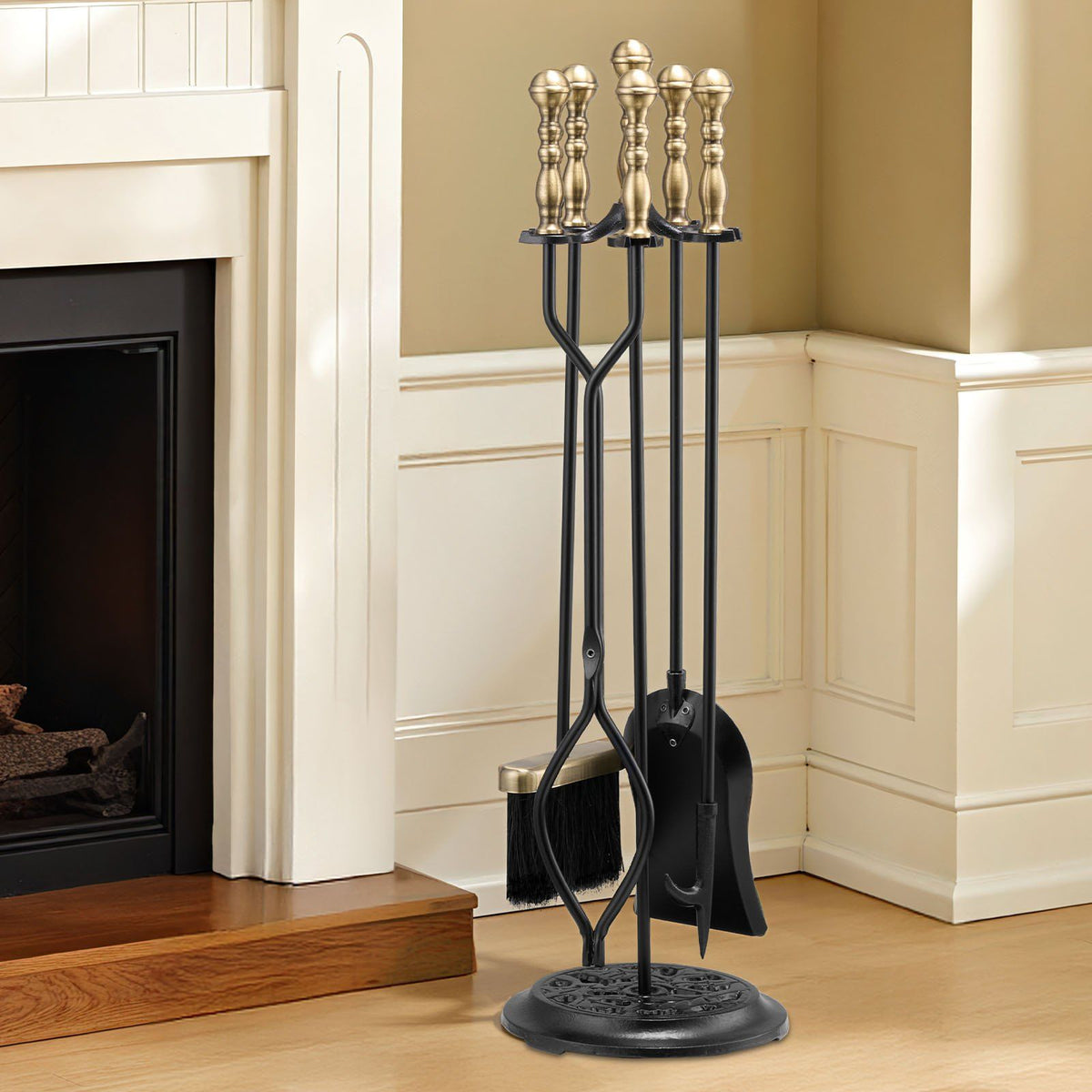 Fireplace Tool Set, 5 PCS Fire Tool Set and Holder with Five-Prong Stand, Tongs, Ash Shovel, Brush, Fire Place Poker, Wrought Iron Fireplace Accessories for Indoor/Outdoor, Black & Brass