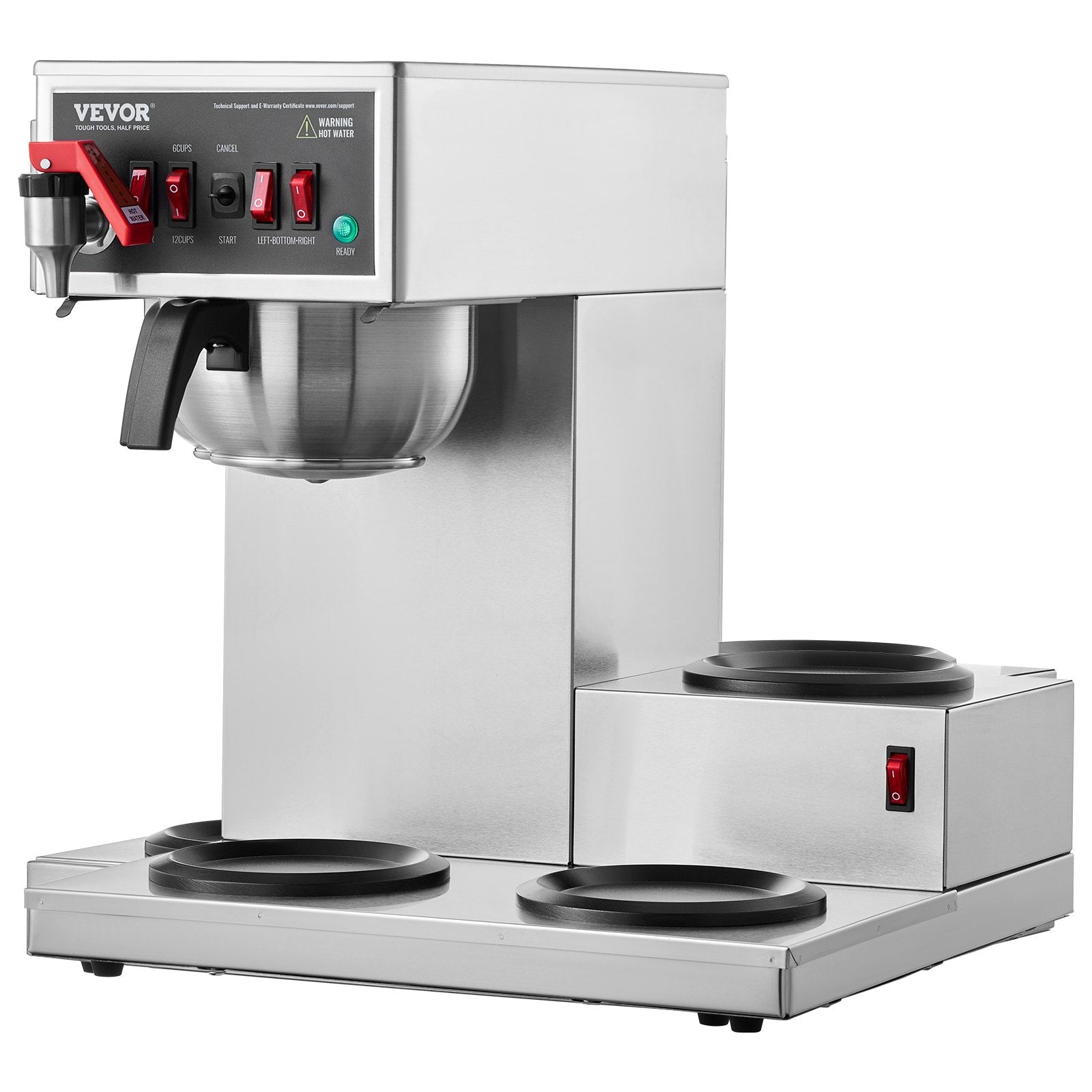 VEVOR 12 Cups Commercial Drip Coffee Maker with 3 Glass Carafes and 3 Warmers