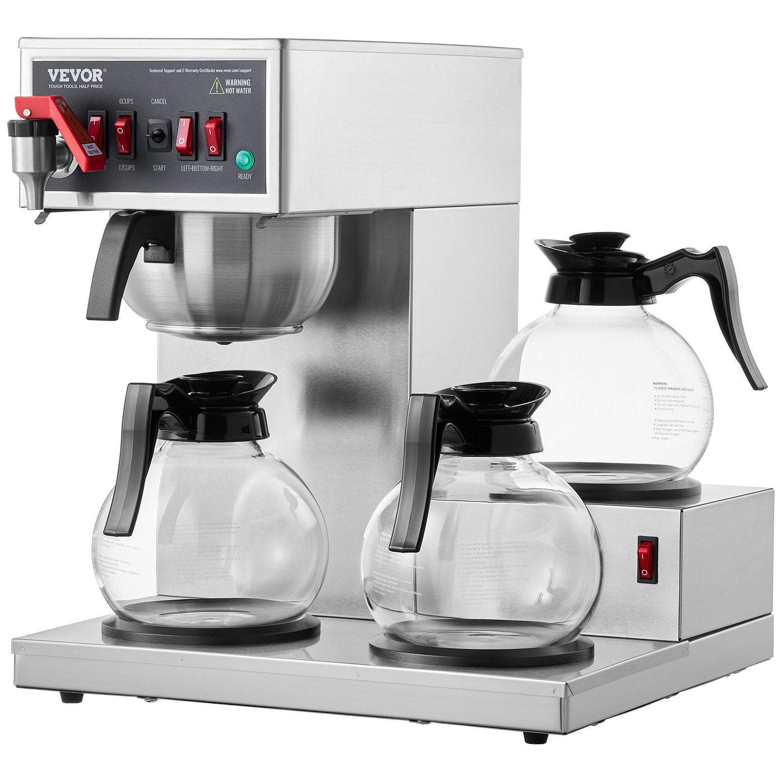 VEVOR 12 Cups Commercial Drip Coffee Maker with 3 Glass Carafes and 3 Warmers
