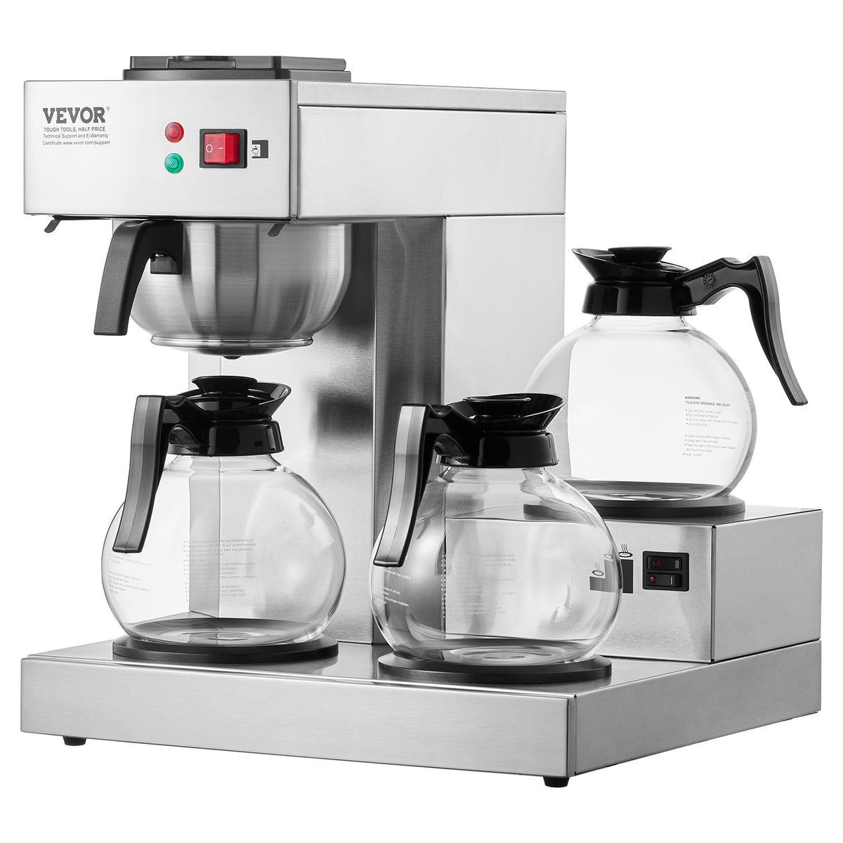 VEVOR 12 Cups Commercial Drip Coffee Maker with 3 Glass Carafes and 3 Warmers