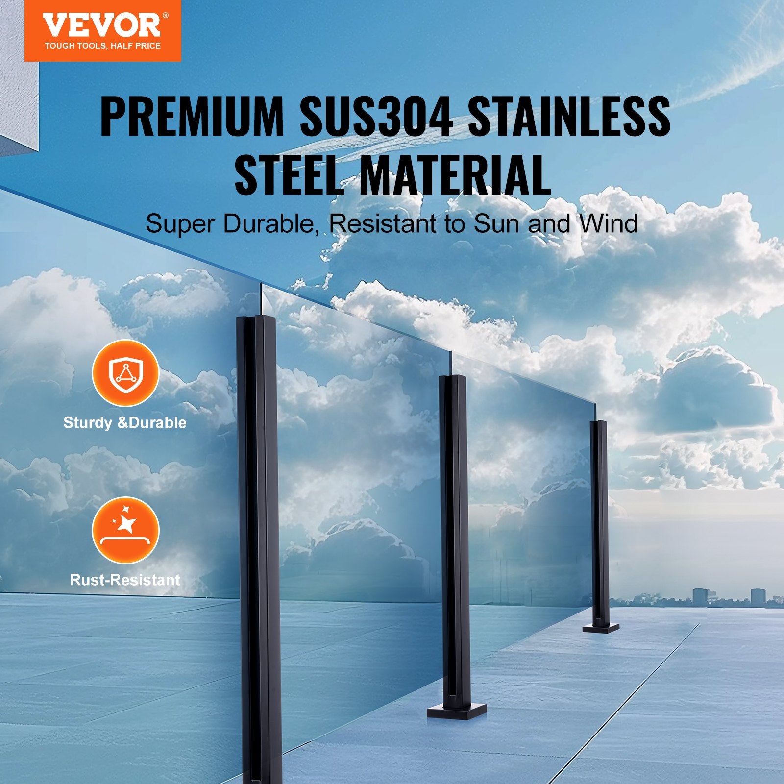 VEVOR Glass Clamp 37.4" H Railing Bracket for 0.39 "-0.47 " Glass Black Black
