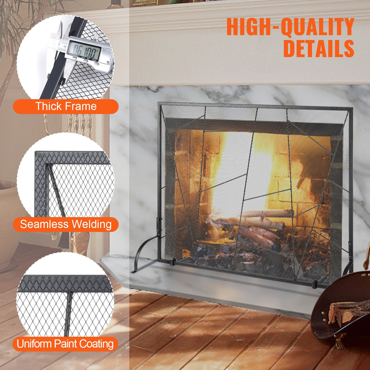 VEVOR Fireplace Screen Single Panel, Sturdy Iron Mesh Fireplace Screen, 906(L) x720(H)MM Spark Guard Cover, Simple Installation, Free Standing Fire Fence Grate for Living Room Home Decor Modern