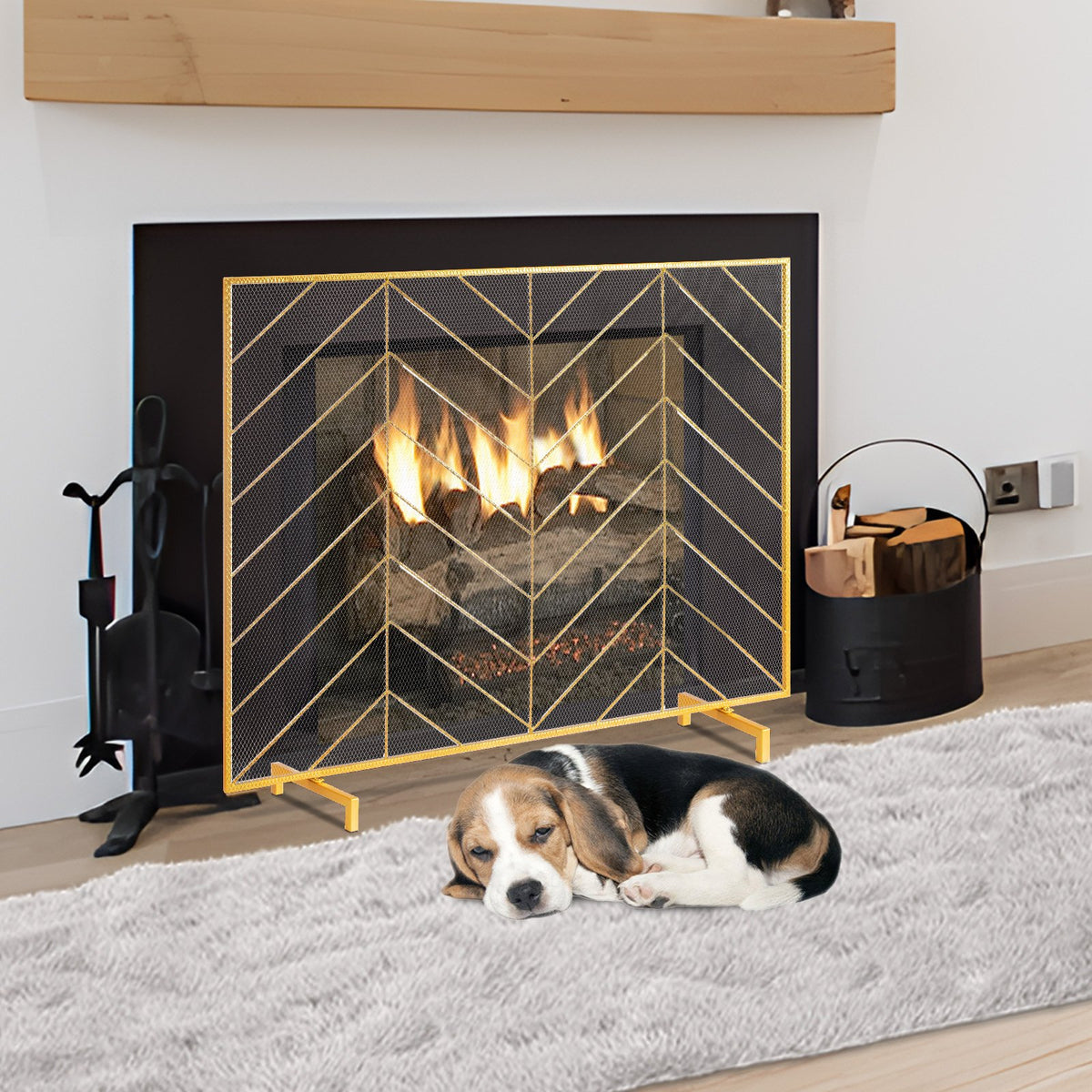 VEVOR 980x758MM Fireplace Screen 1-Panel Iron Mesh Spark Guard Modern Gold