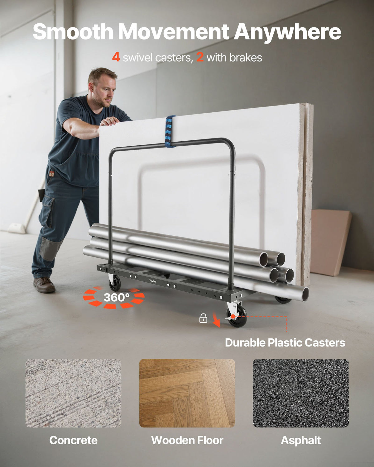 VEVOR Drywall Cart Dolly, 816 kg Load Capacity, Steel Panel Truck Cart with 12.5 mm Swivel Casters, Lumber Drywall Dolly with Tie-Down Strap & 2 Side Handrails for Factory, Warehouse, Garage, Black