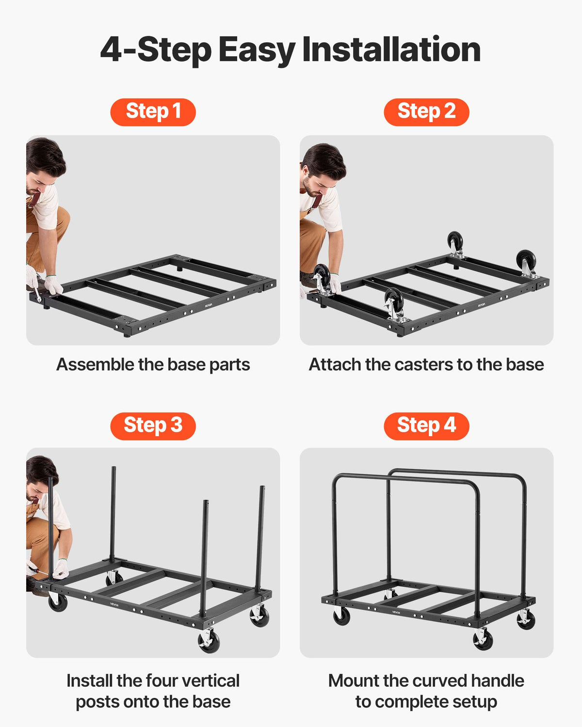 VEVOR Drywall Cart Dolly, 816 kg Load Capacity, Steel Panel Truck Cart with 12.5 mm Swivel Casters, Lumber Drywall Dolly with Tie-Down Strap & 2 Side Handrails for Factory, Warehouse, Garage, Black