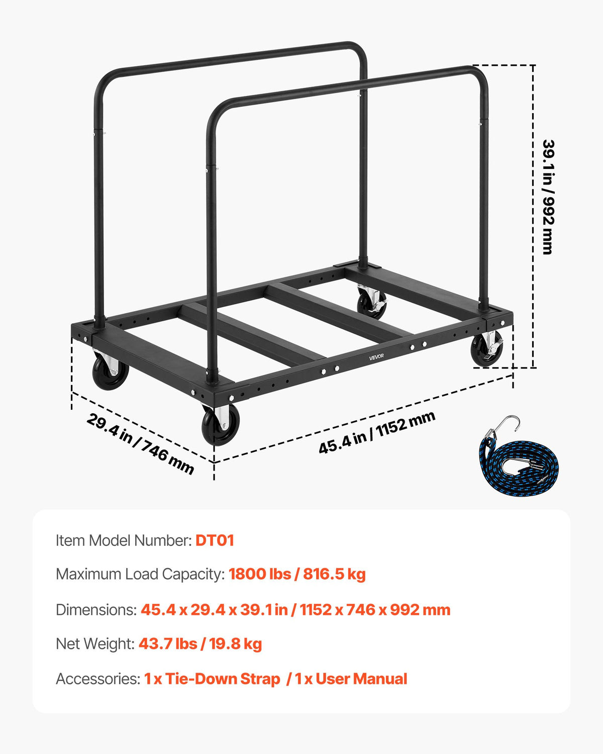 VEVOR Drywall Cart Dolly, 816 kg Load Capacity, Steel Panel Truck Cart with 12.5 mm Swivel Casters, Lumber Drywall Dolly with Tie-Down Strap & 2 Side Handrails for Factory, Warehouse, Garage, Black