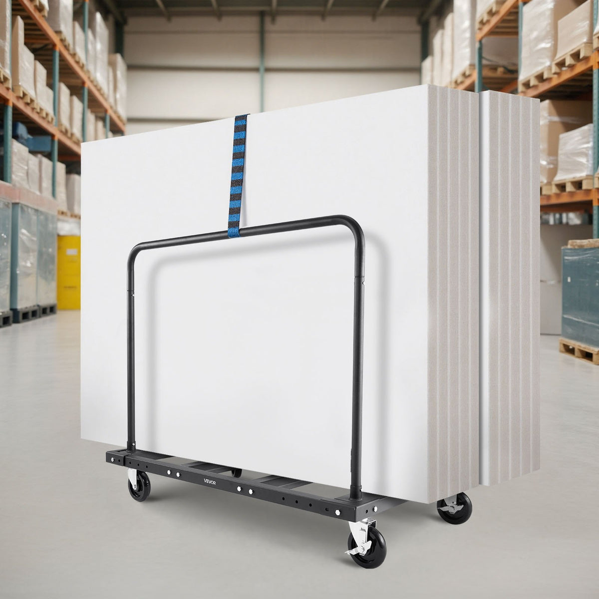 VEVOR Drywall Cart Dolly, 816 kg Load Capacity, Steel Panel Truck Cart with 12.5 mm Swivel Casters, Lumber Drywall Dolly with Tie-Down Strap & 2 Side Handrails for Factory, Warehouse, Garage, Black