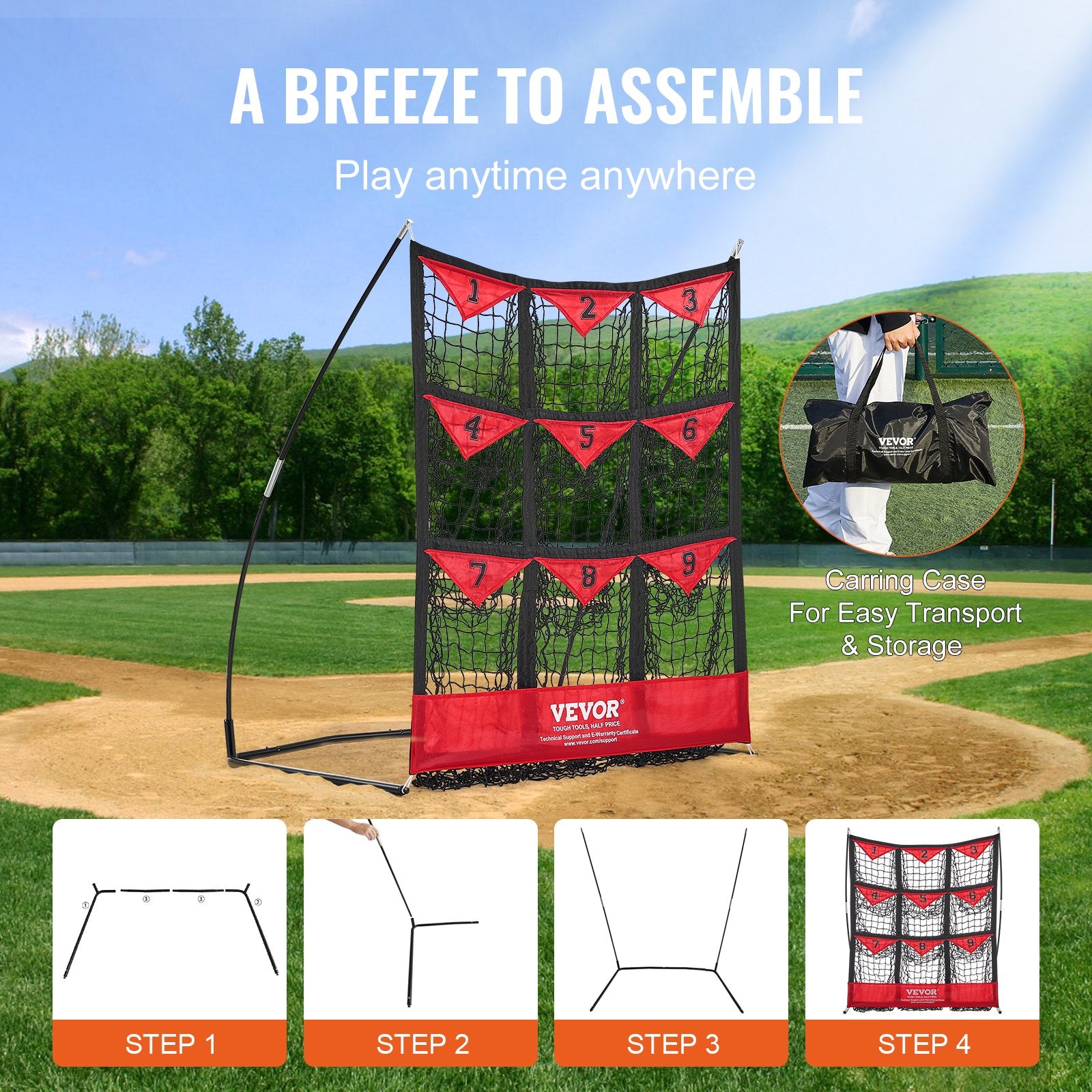 VEVOR 9 Hole Baseball Softball Pitching Net 9 Pocket Hitting Practice 49"x42"