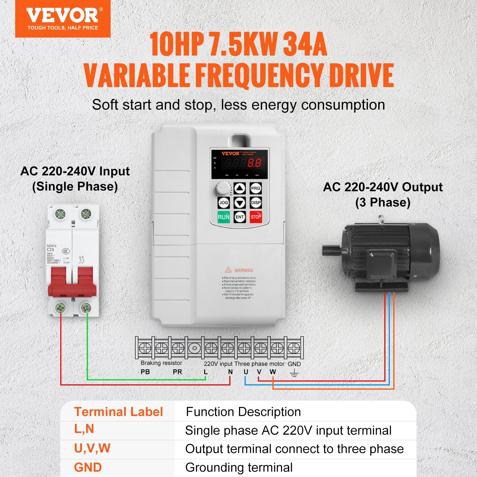 VEVOR VFD 10HP, 7.5KW, 34A, 1 Phase 220V-240V Input to 3 Phase 220V-240V Output Variable Frequency Drive, 0-400Hz VFD for AC Motor Speed Control