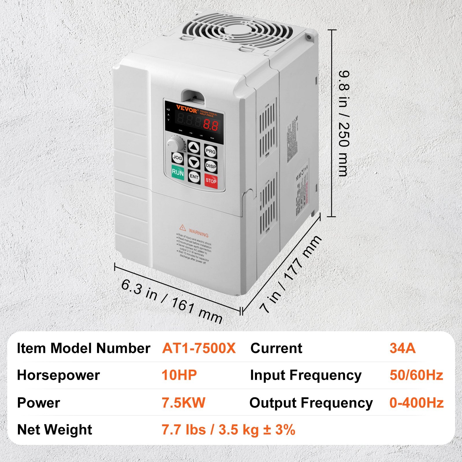 VEVOR VFD 10HP, 7.5KW, 34A, 1 Phase 220V-240V Input to 3 Phase 220V-240V Output Variable Frequency Drive, 0-400Hz VFD for AC Motor Speed Control