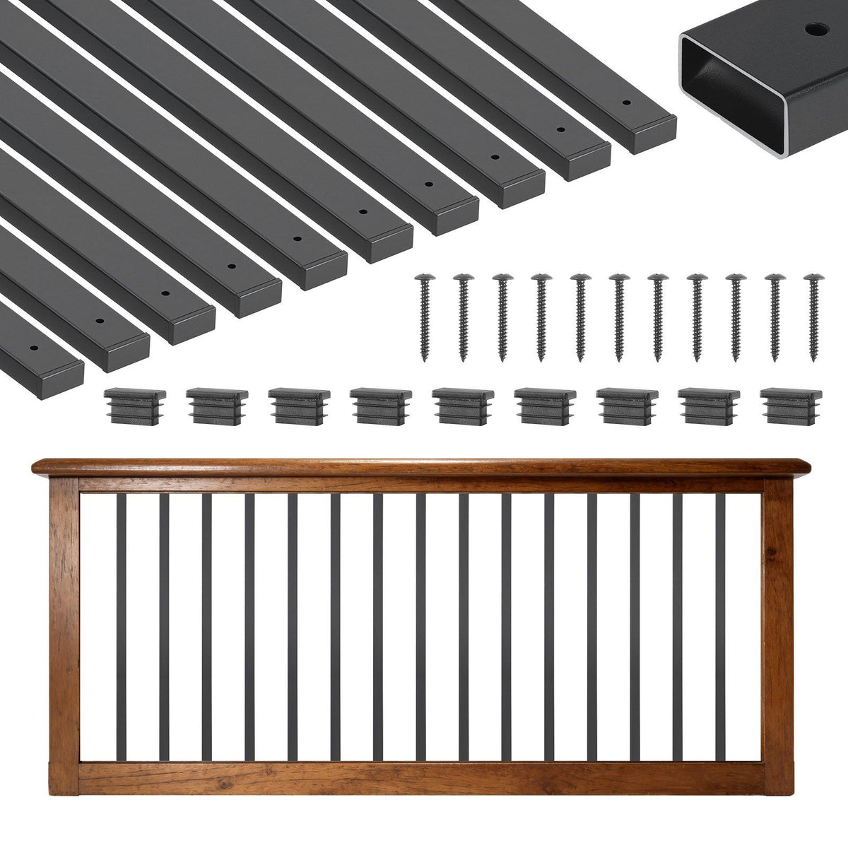 61 Pack Deck Balusters, 82 cm Galvanized Steel Railing Spindles, Hollow Rectangle Metal Decking Stair Balusters with Pre-Drilled Hole, End Caps, Screws, for Deck, Porch &amp; Stair Railing, Black