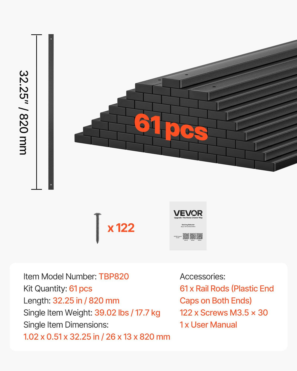 61 Pack Deck Balusters, 82 cm Galvanized Steel Railing Spindles, Hollow Rectangle Metal Decking Stair Balusters with Pre-Drilled Hole, End Caps, Screws, for Deck, Porch & Stair Railing, Black
