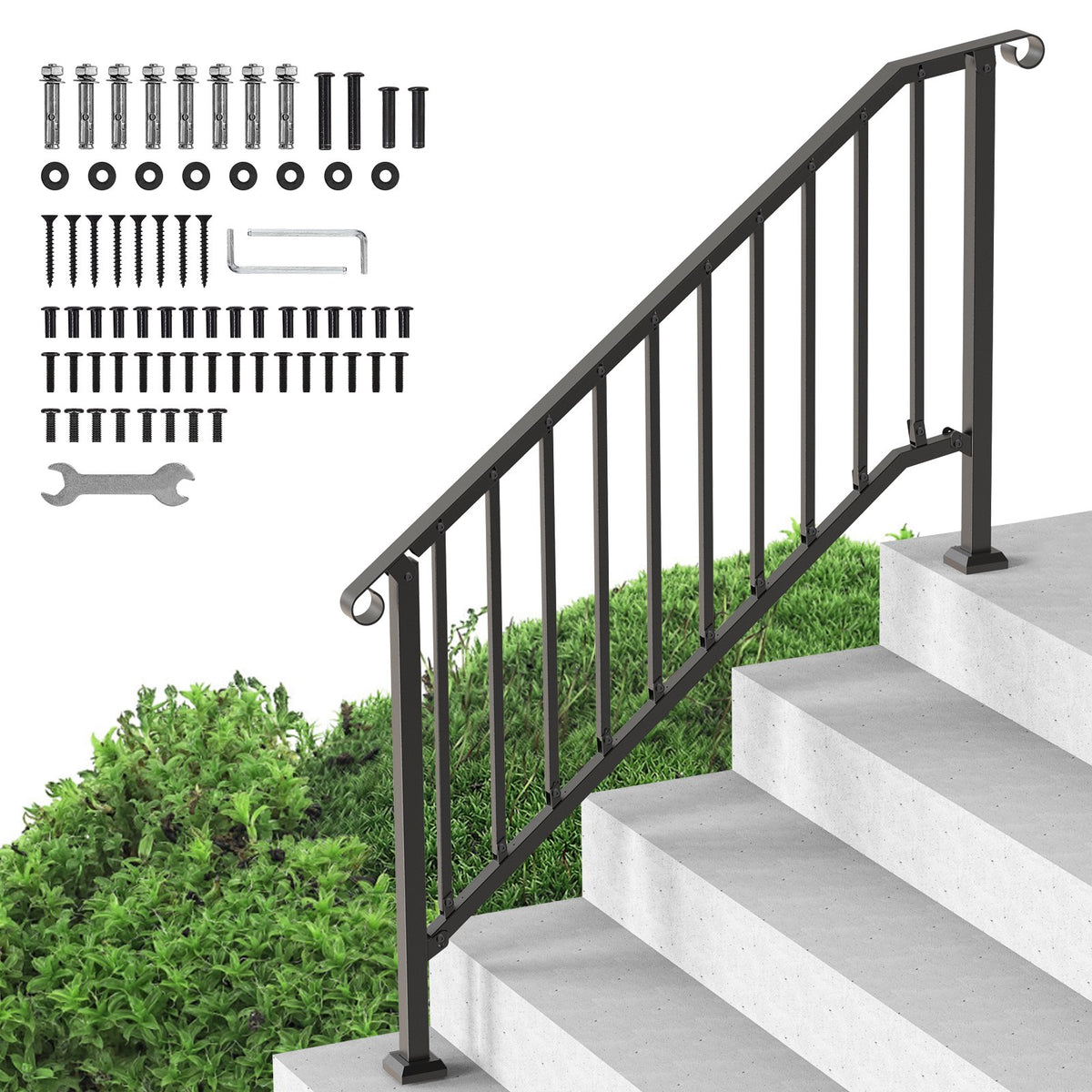 VEVOR Handrails for Outdoor Steps, 5 Step Stair Hand Rail Kit, Transitional Carbon Steel Railings with Installation Kit, Stair Rails for Seniors, Concrete Steps &amp; Porch &amp; Deck, Black Retro Arch