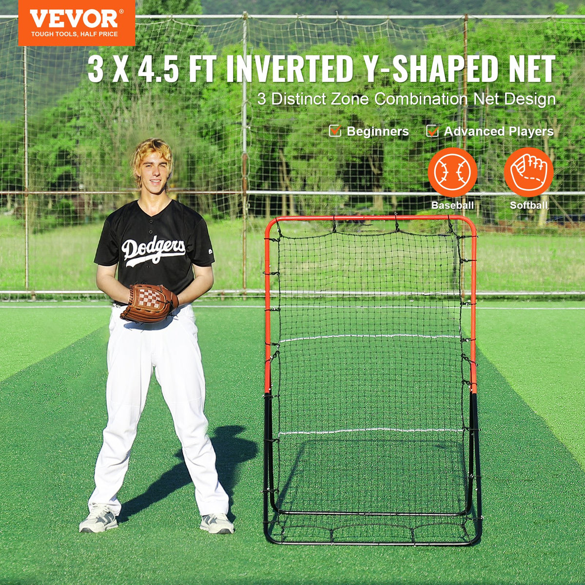 VEVOR Baseball And Softball Rebounder Net, 3 x 4.5 ft PitchBack Baseball Pitching Nest, 3-Way Baseball, Softball Pitchback Net, Fielding Trainer, Bounce Back Net for Fielding/Throwing Practice
