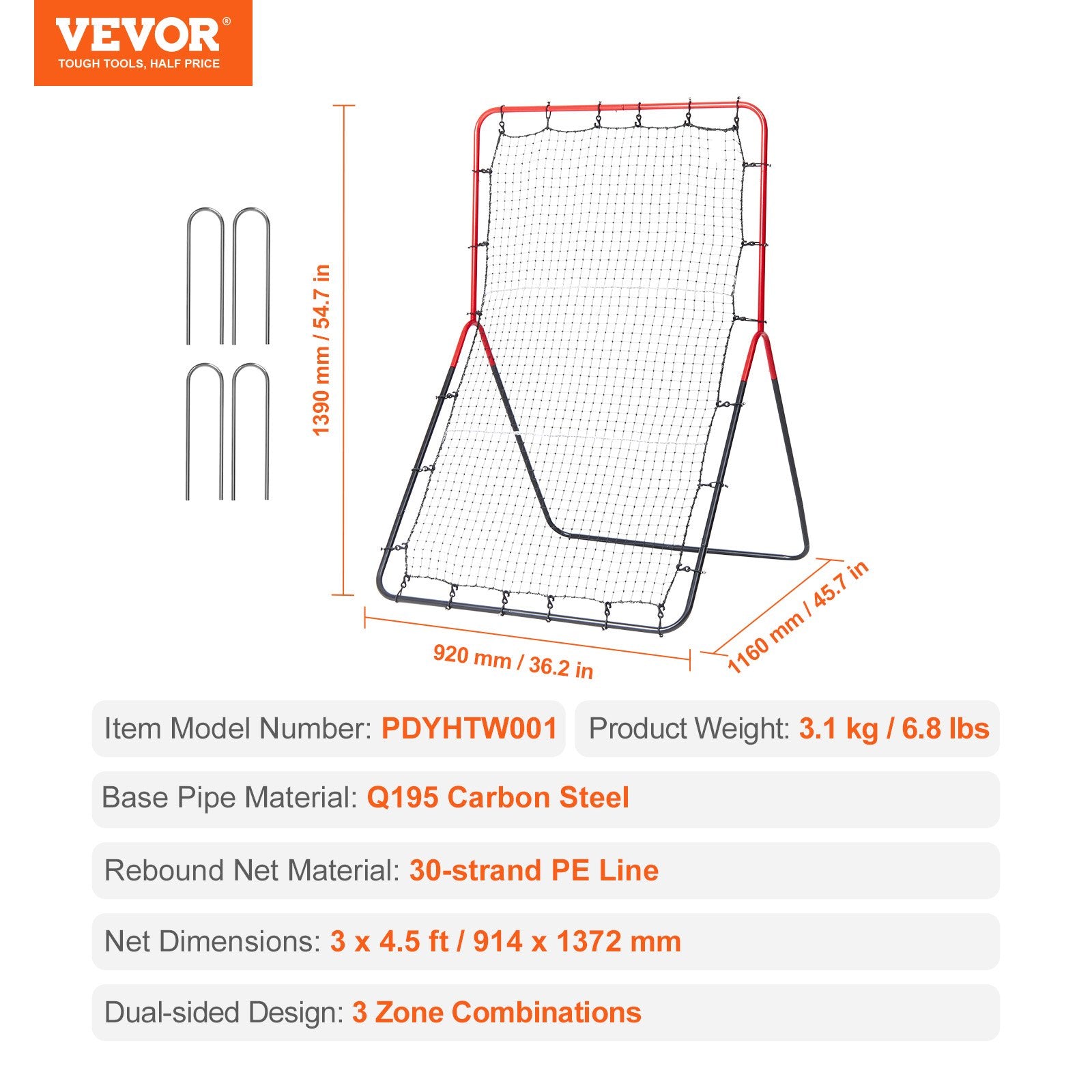 VEVOR Baseball And Softball Rebounder Net, 3 x 4.5 ft PitchBack Baseball Pitching Nest, 3-Way Baseball, Softball Pitchback Net, Fielding Trainer, Bounce Back Net for Fielding/Throwing Practice