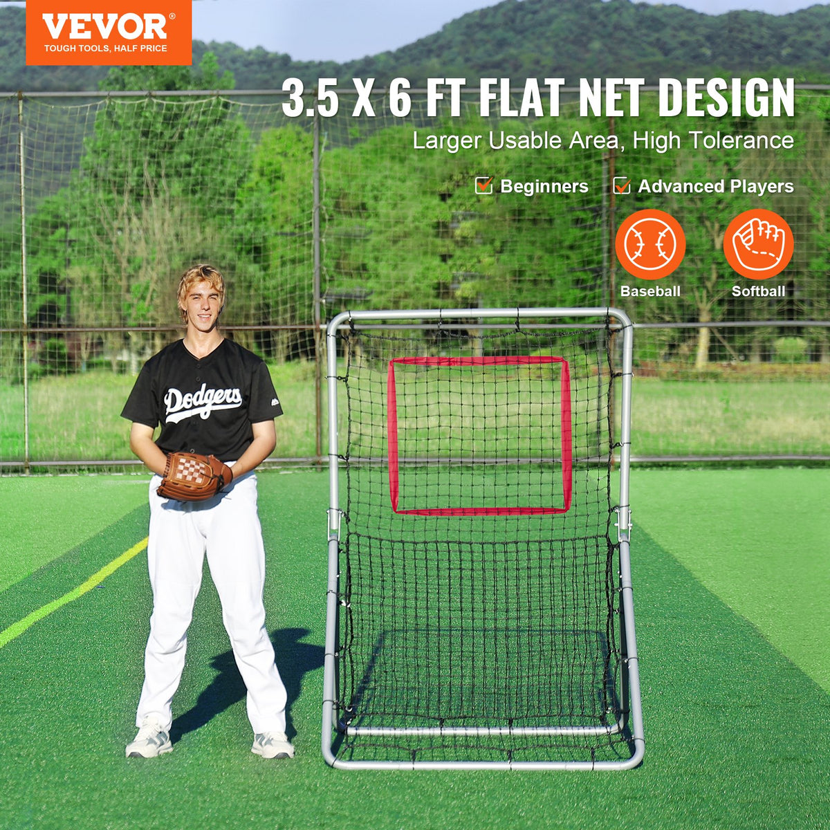 VEVOR Baseball And Softball Rebounder Net, 3.5 x 6 ft PitchBack Baseball Pitching Nest, Softball Pitchback Net, Fielding Trainer, Bounce Back Net for Fielding/Throwing Practice, 5 Adjustable Angles