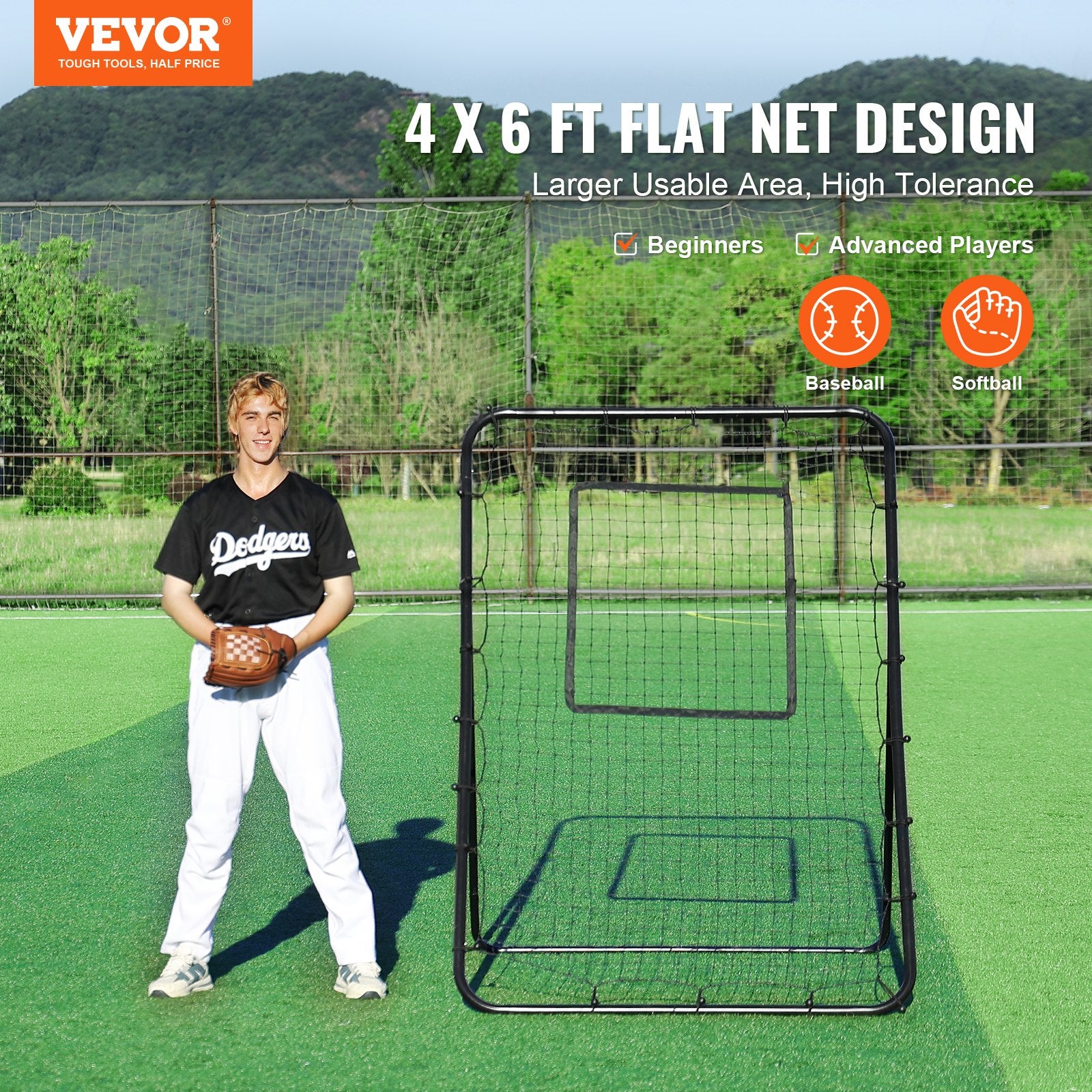 VEVOR Baseball And Softball Rebounder Net, 4 x 6 Feet PitchBack Baseball Nest for Pitching and Fielding Training, Pitch Return Trainer Rebound Net with Pitching Target, 4 Adjustable Angles
