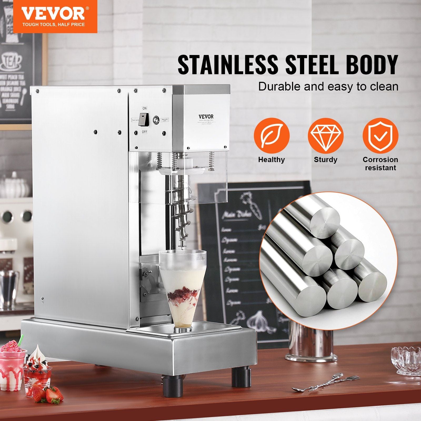 Ice Cream Blender, 750W High-Speed Ice Cream Maker Mixer Stir Machine 1740RPM, 304 Stainless Steel Ice Cream Shaker, Long Handle + PC Protective Shield, Customizable with any Flavor of Ice Cream