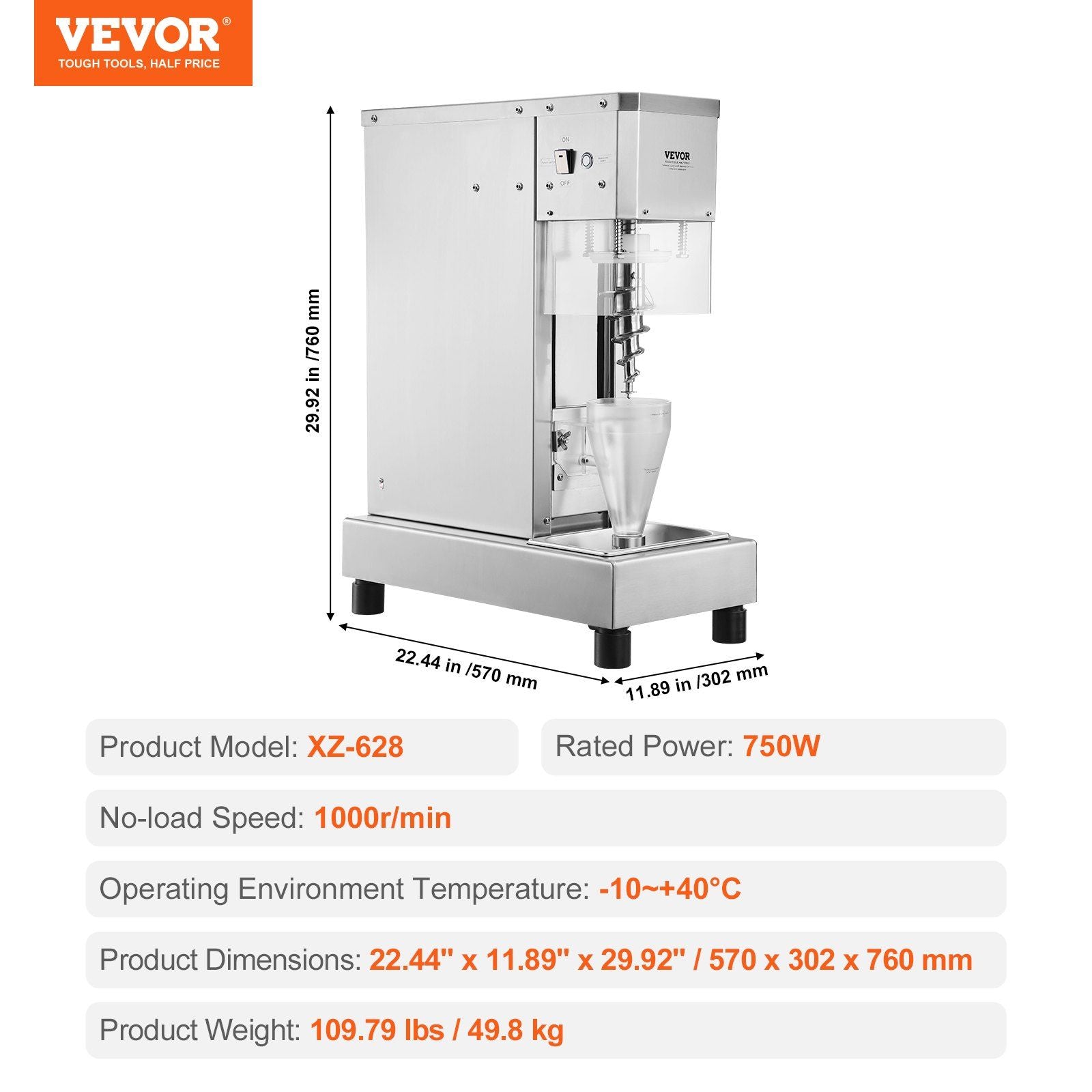Ice Cream Blender, 750W High-Speed Ice Cream Maker Mixer Stir Machine 1740RPM, 304 Stainless Steel Ice Cream Shaker, Long Handle + PC Protective Shield, Customizable with any Flavor of Ice Cream