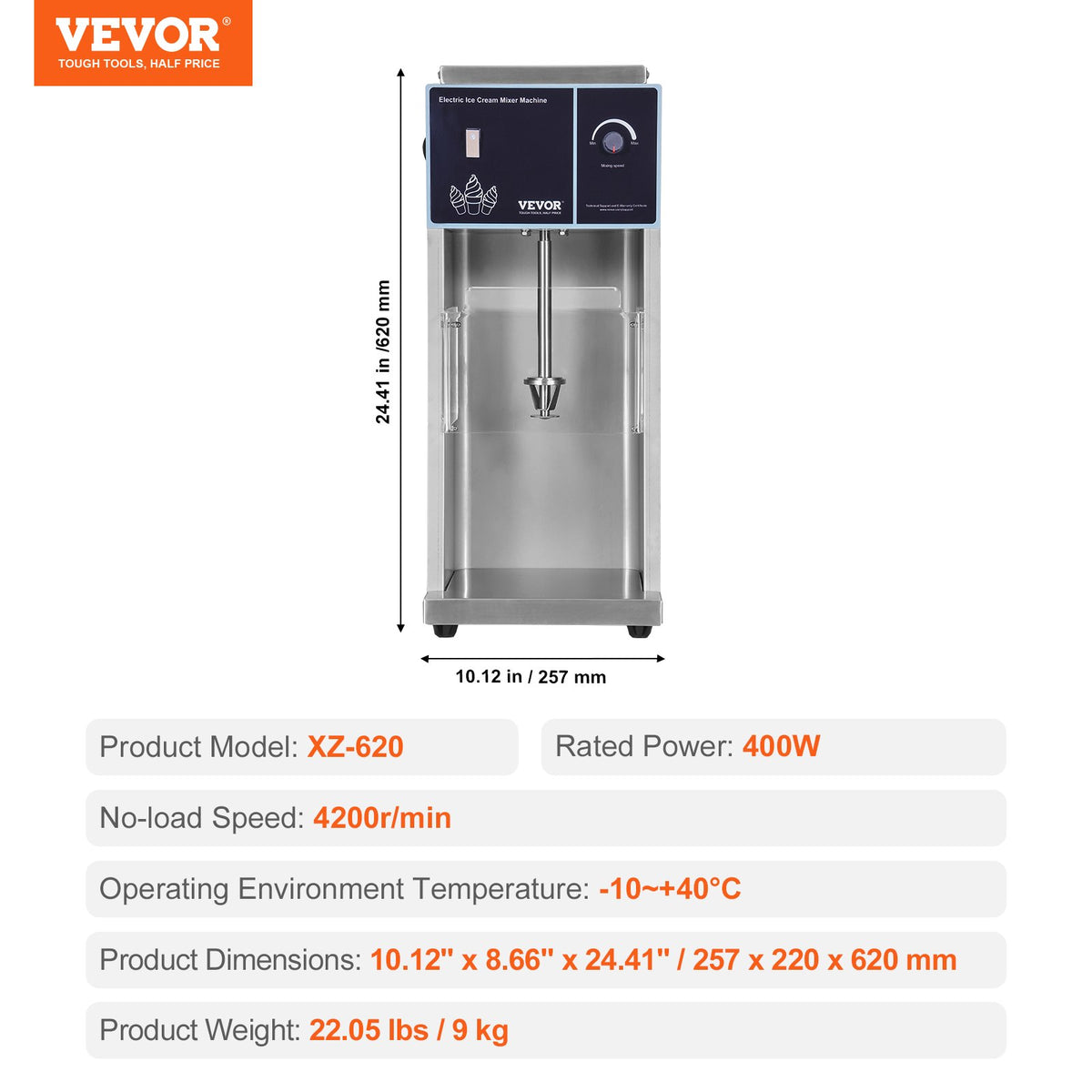 VEVOR Ice Cream Blender, 400W High-Speed Ice Cream Maker Mixer Stir Machine 4200RPM, Stepless Speed Adjustment, 304 Stainless Steel Ice Cream Shaker, 3 Hand Cups, Make Various Flavors of Ice Cream